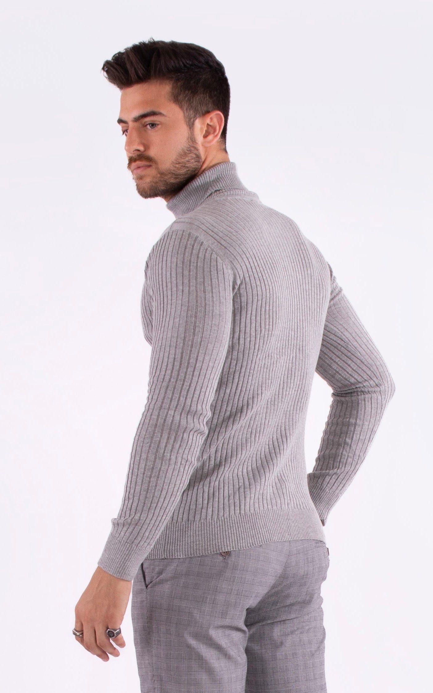 Bespoke turtleneck ribbed European slim fit sweater - gray