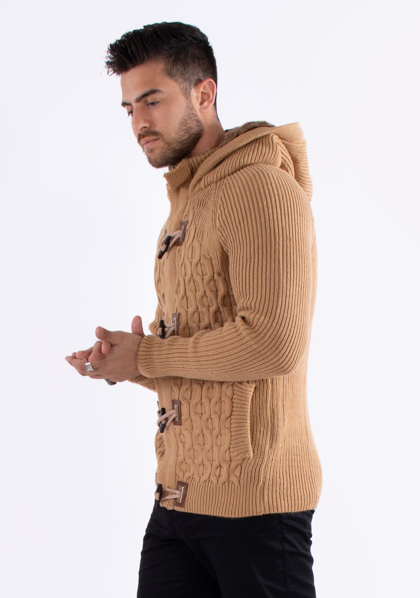 Bespoke Faux fur-lined hood full zipper European slim fit sweater - Tan