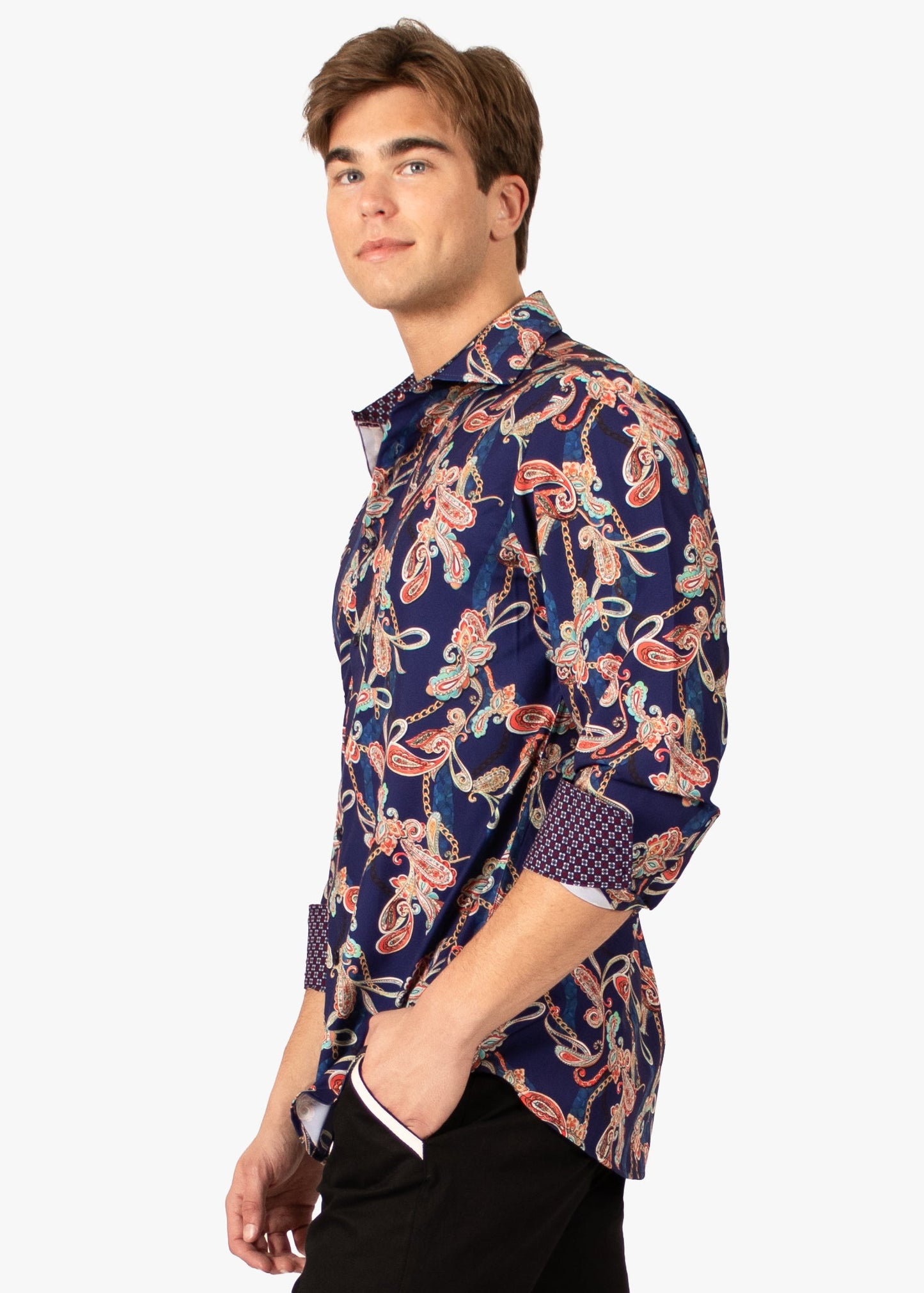 Bespoke Moda long sleeve button up dress shirt. Paisley garden navy