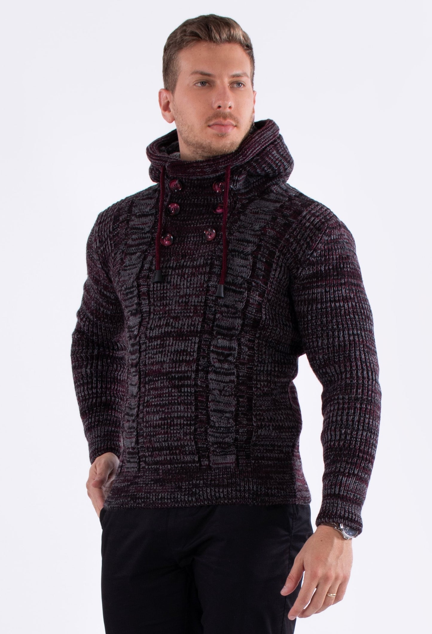 Bespoke Ribbed knit faux fur hooded pullover slim fit sweater - Burgundy