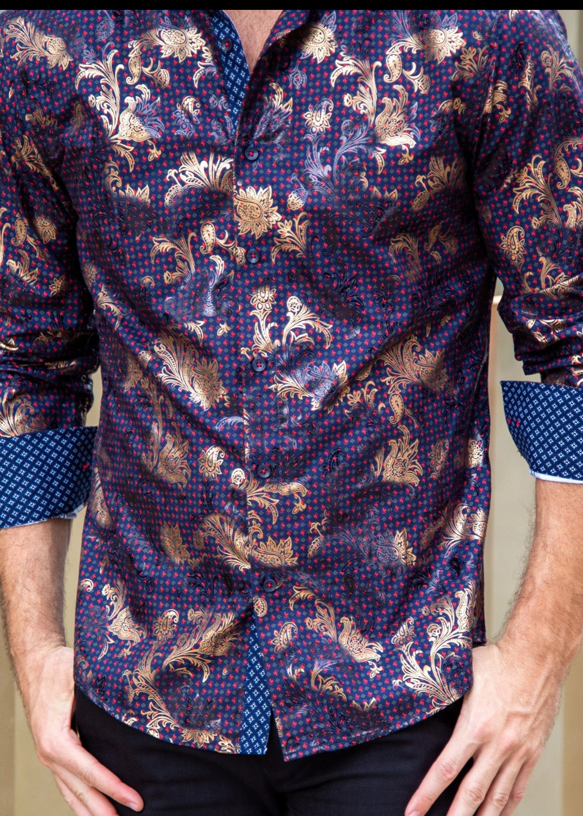 Bespoke Moda long sleeve button up dress shirt. Geo metalic floral