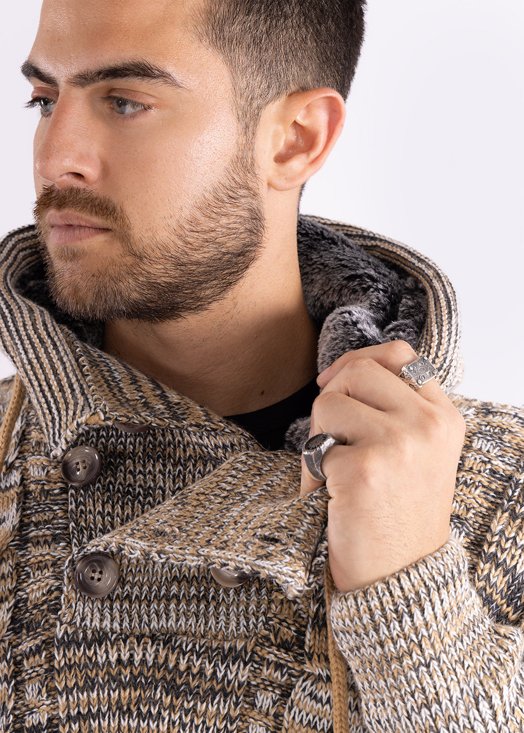 Bespoke Ribbed knit faux fur hooded pullover slim fit sweater - Beige