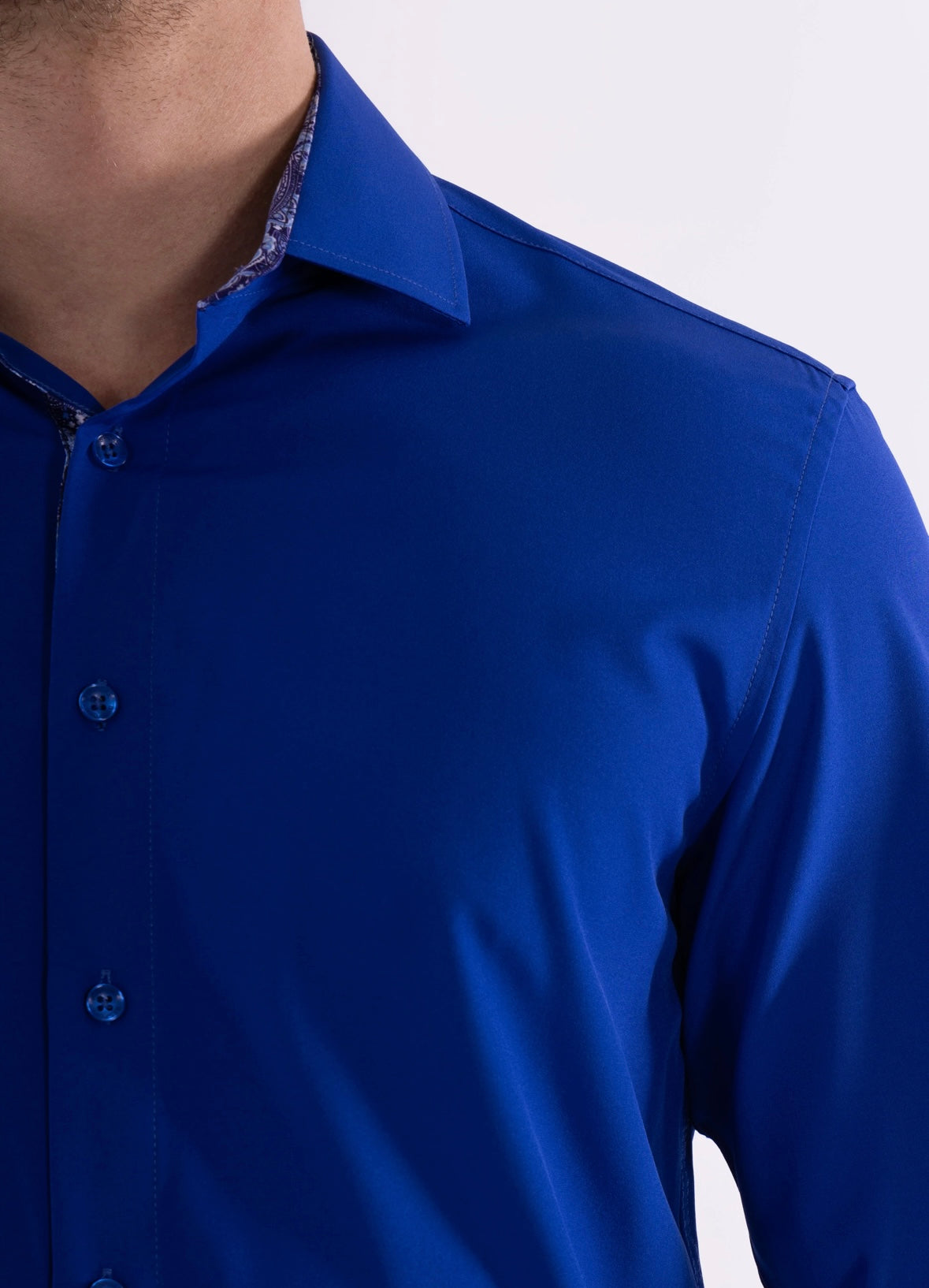 Bespoke Performance stretch fit long sleeve button up dress shirt. Blue