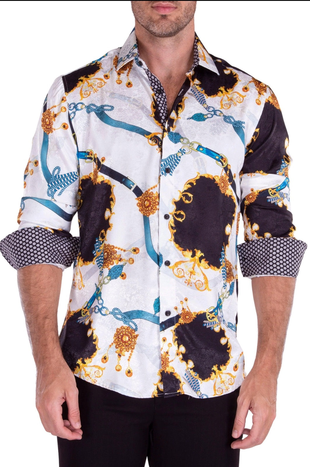Bespoke Moda long sleeve button up dress shirt. White Baroque motif silk texture