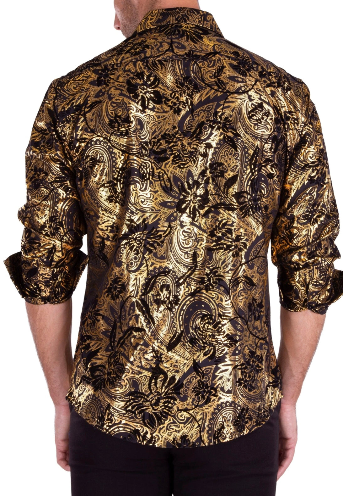 Bespoke Moda long sleeve button up dress shirt. Gold velvet texture mandala flower