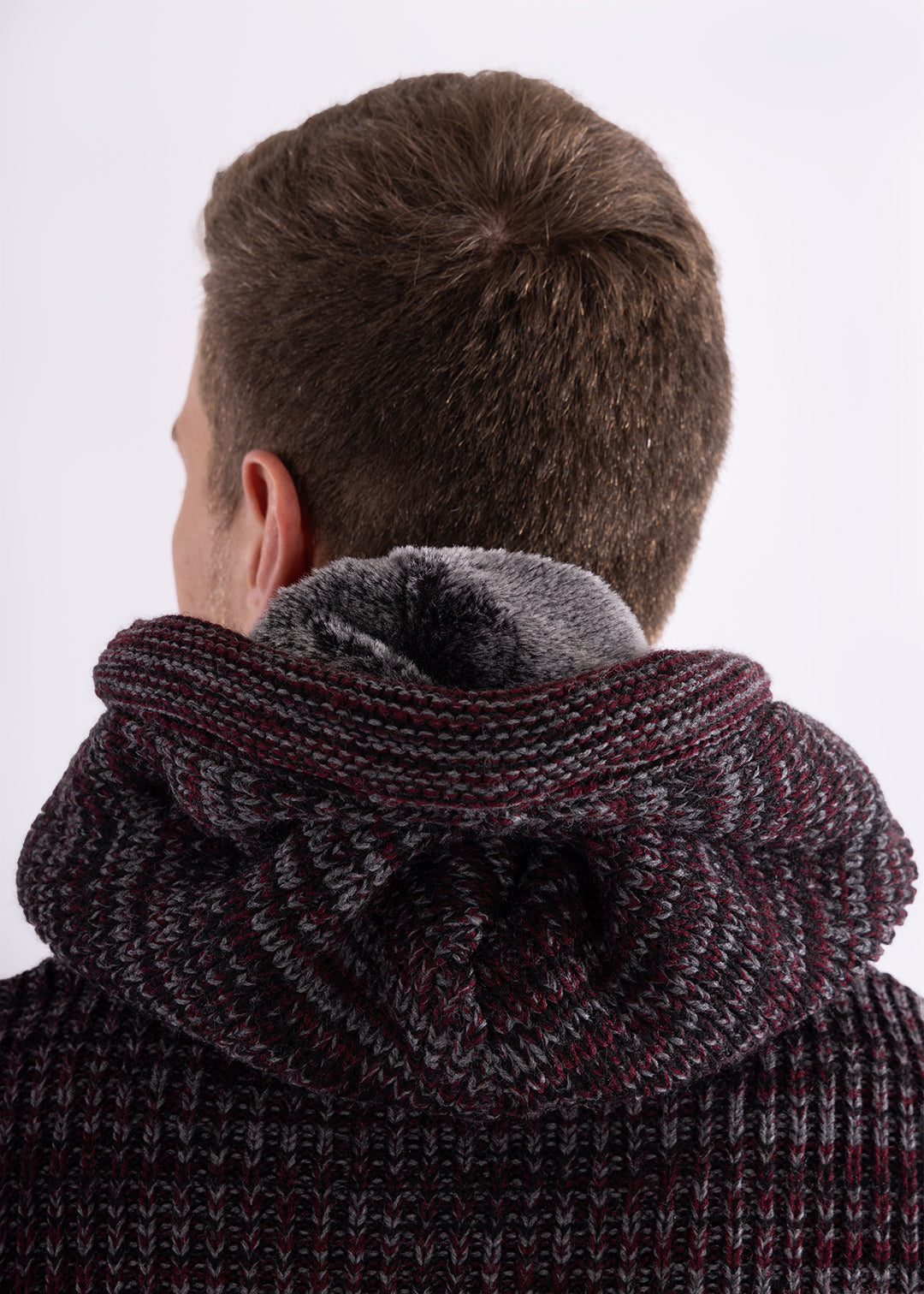 Bespoke Ribbed knit faux fur hooded pullover slim fit sweater - Burgundy
