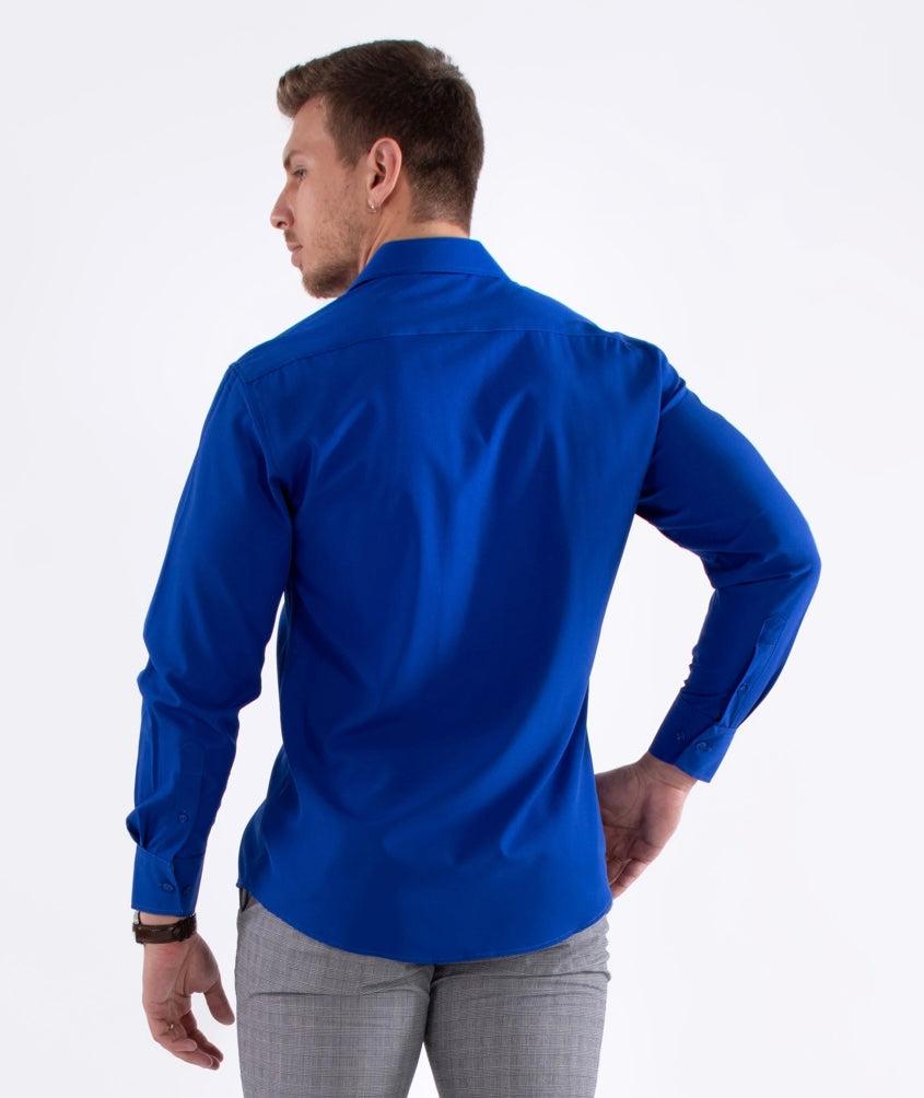 Bespoke Performance stretch fit long sleeve button up dress shirt. Blue