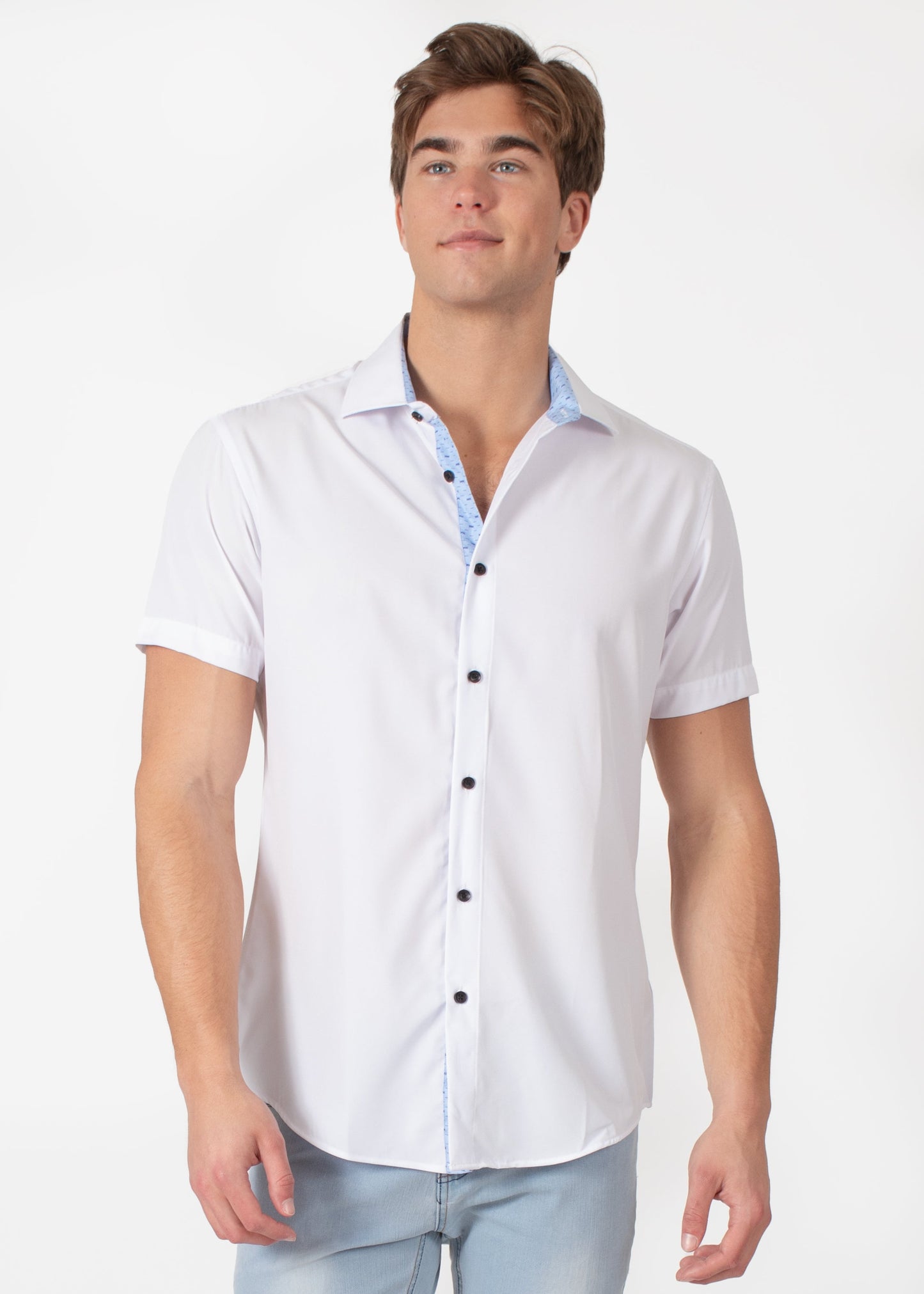 Bespoke short sleeve dress shirt. Textured collar white