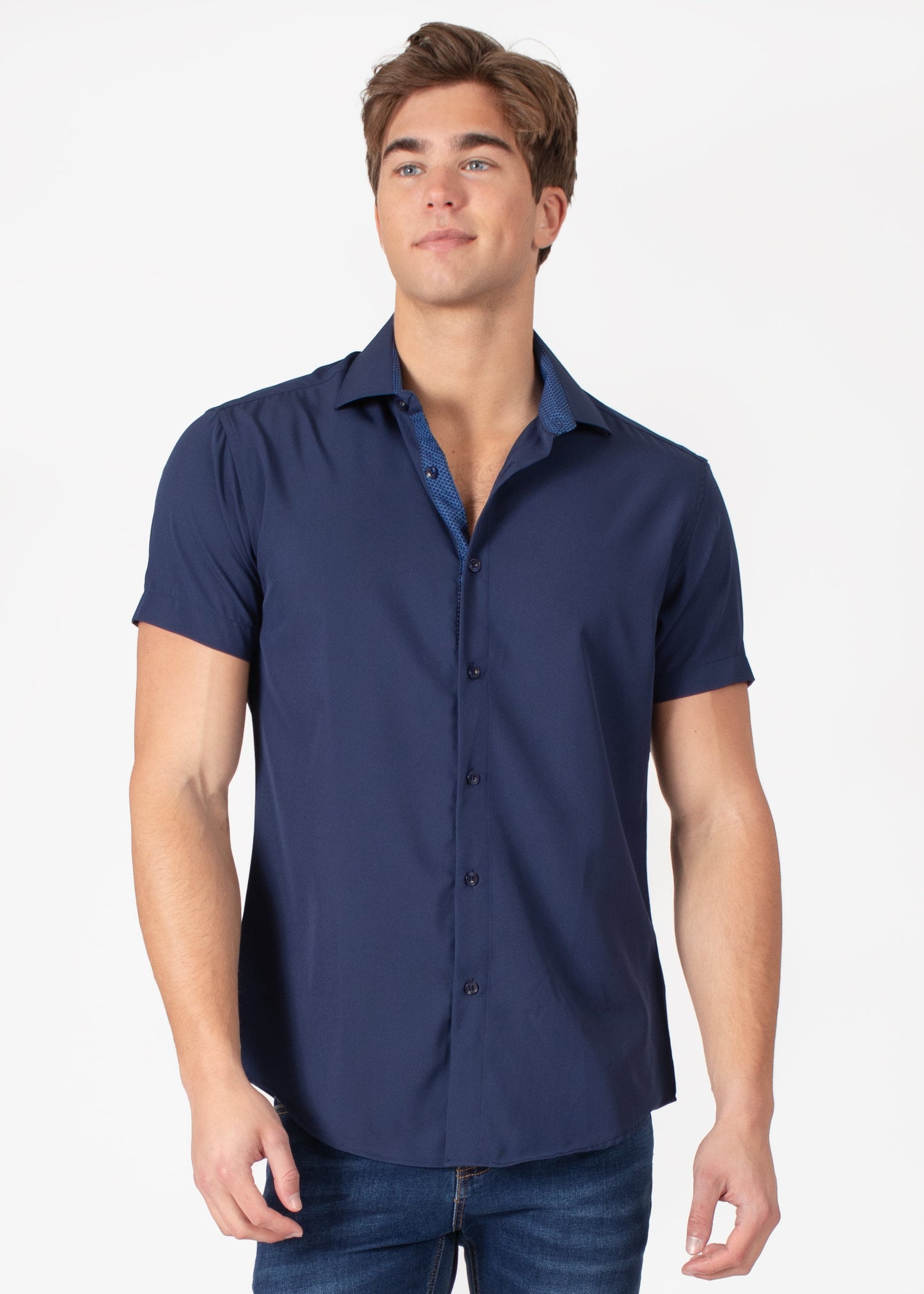 Bespoke short sleeve dress shirt. Textured collar Navy