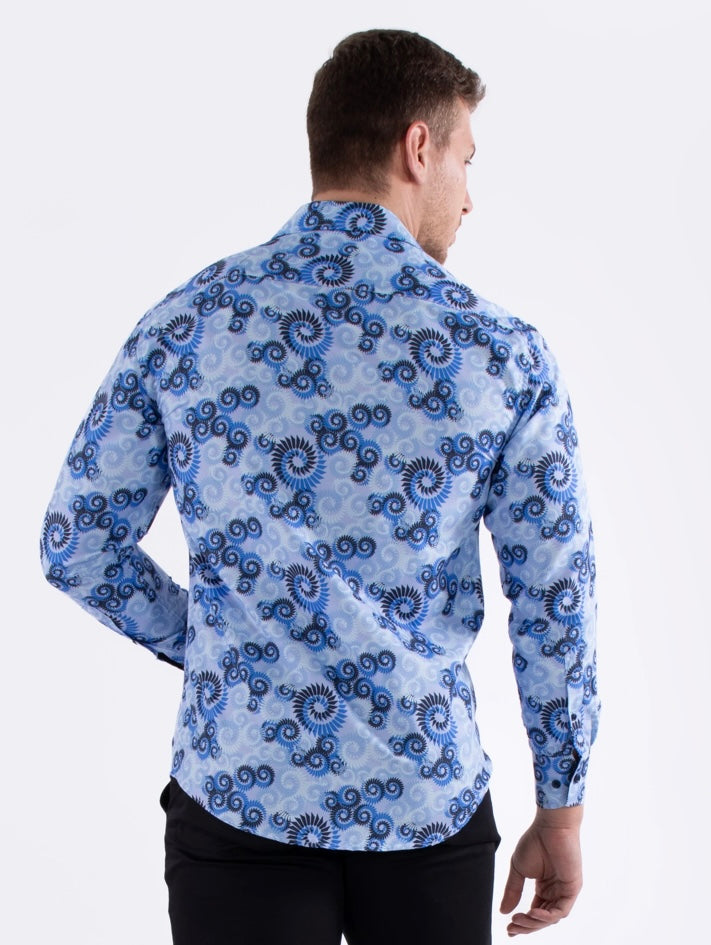 Bespoke Moda long sleeve button up dress shirt. Blue multi spiral