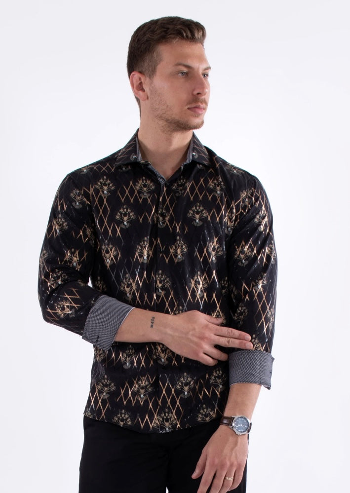 Bespoke Moda long sleeve button up dress shirt. Black diagonal lines Fleur