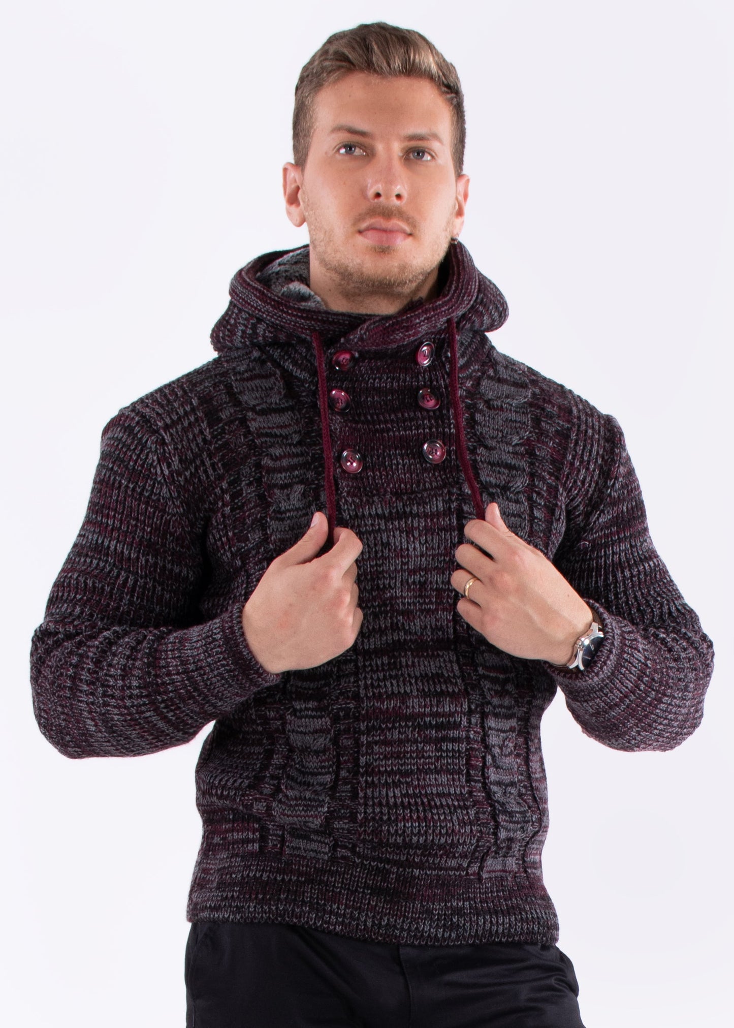 Bespoke Ribbed knit faux fur hooded pullover slim fit sweater - Burgundy