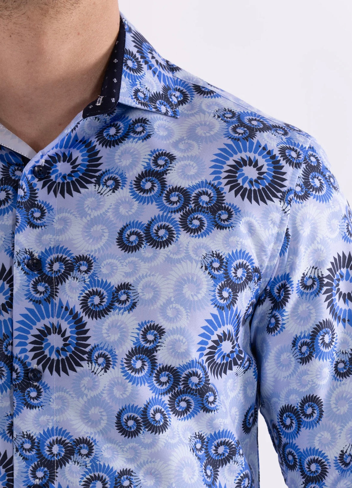 Bespoke Moda long sleeve button up dress shirt. Blue multi spiral