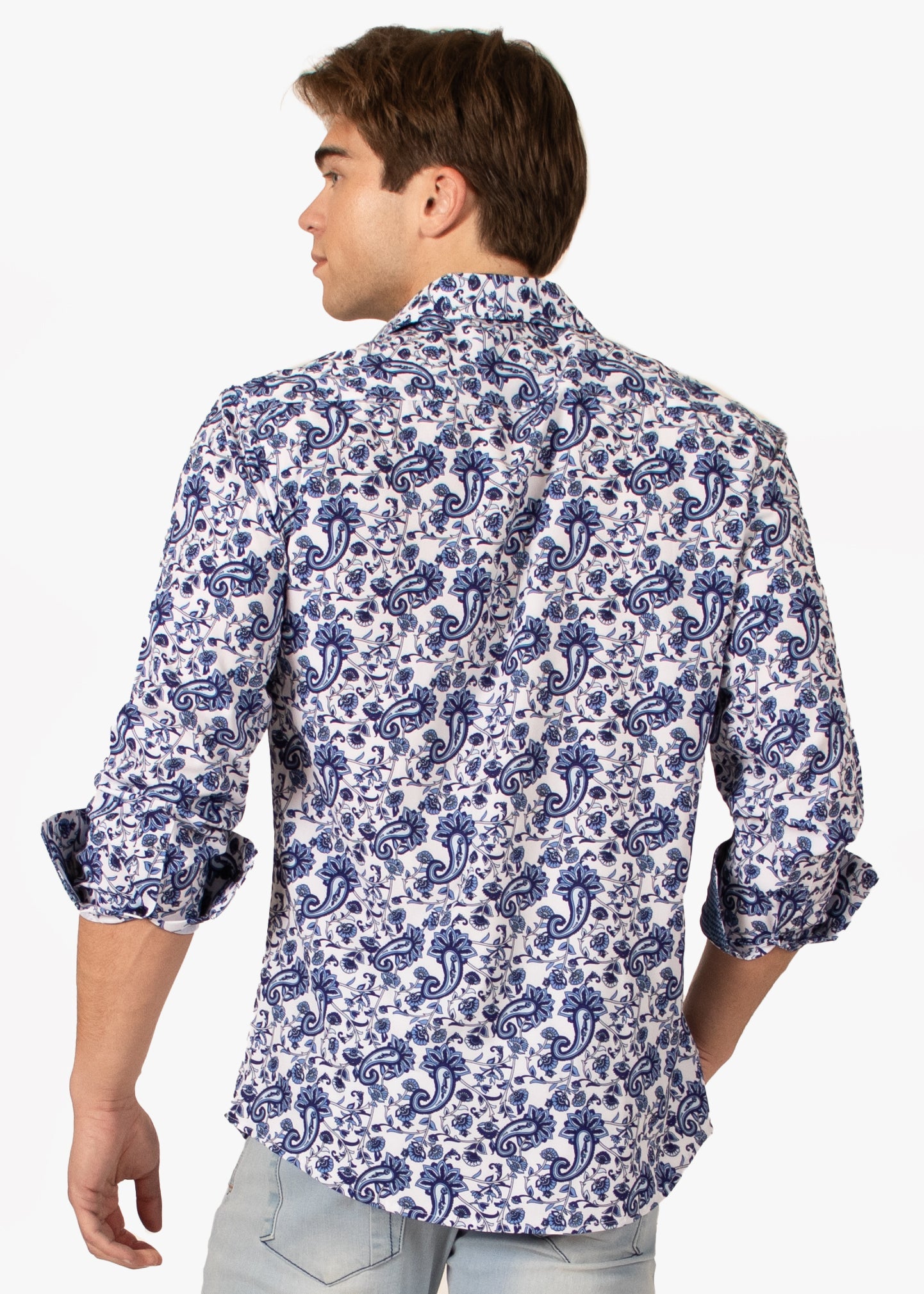 Bespoke Moda long sleeve button up dress shirt. Paisley white