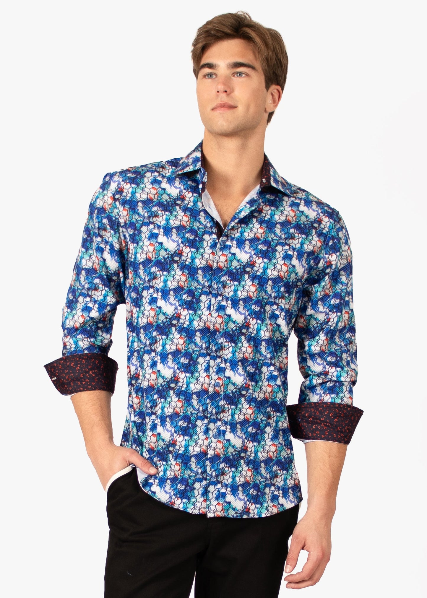 Bespoke Moda long sleeve button up dress shirt. Blue octagon