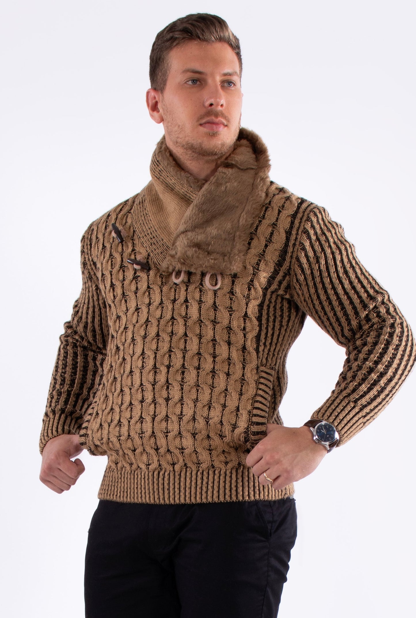 Bespoke faux fur lined collar herringbone slim fit sweater - Tan