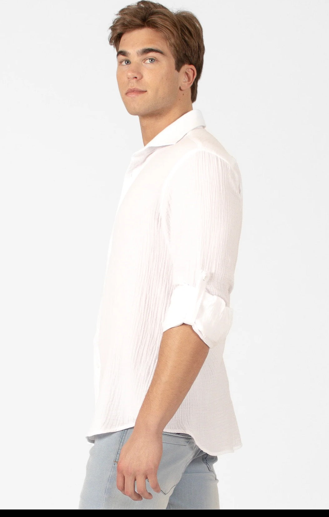 Bespoke textured cotton long sleeve button up dress shirt. White