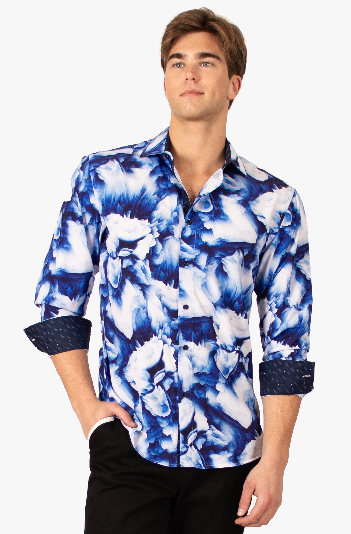 Bespoke Moda long sleeve button up dress shirt. Brushed blue
