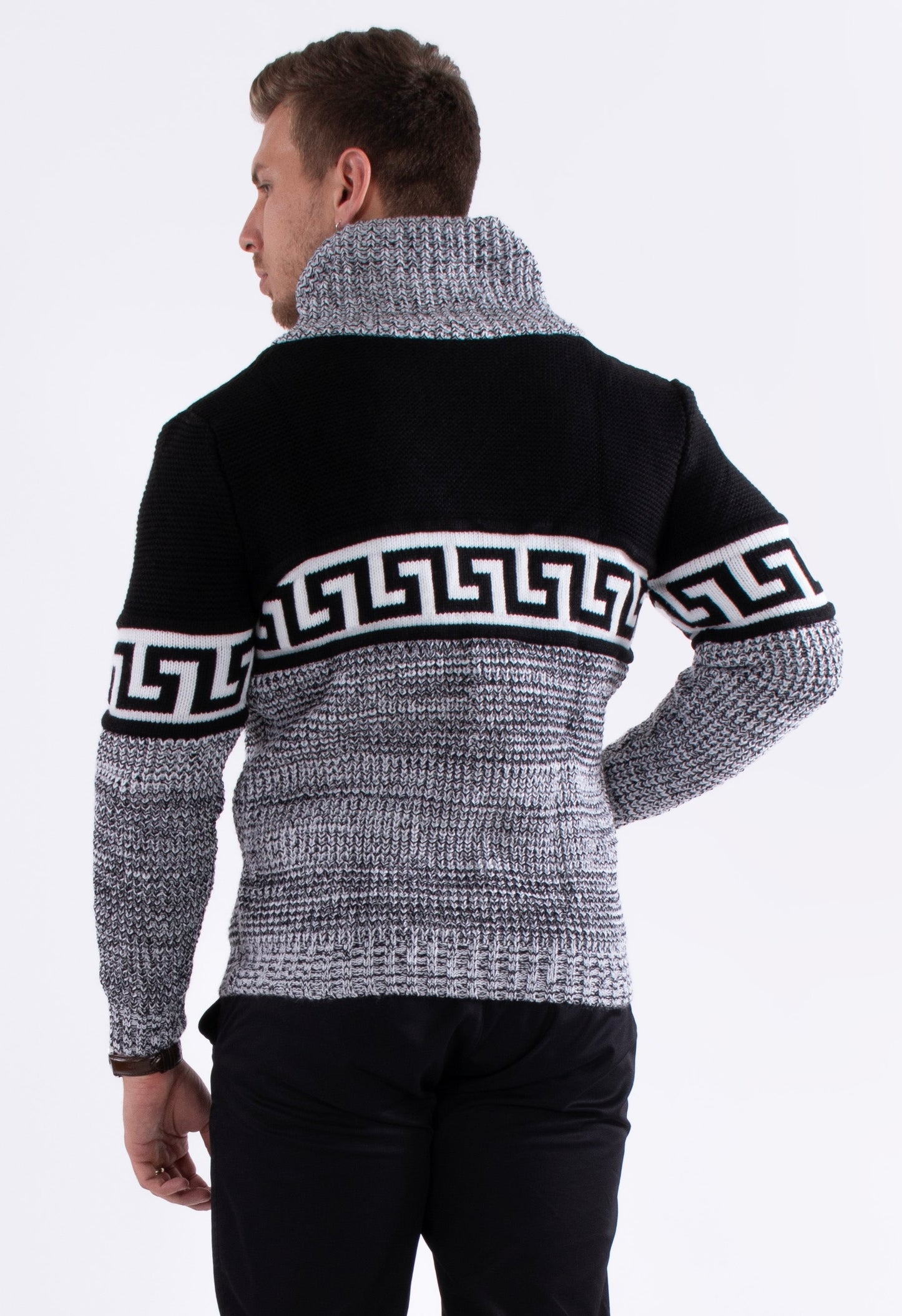 Bespoke greek key button up slim fit sweater - Black