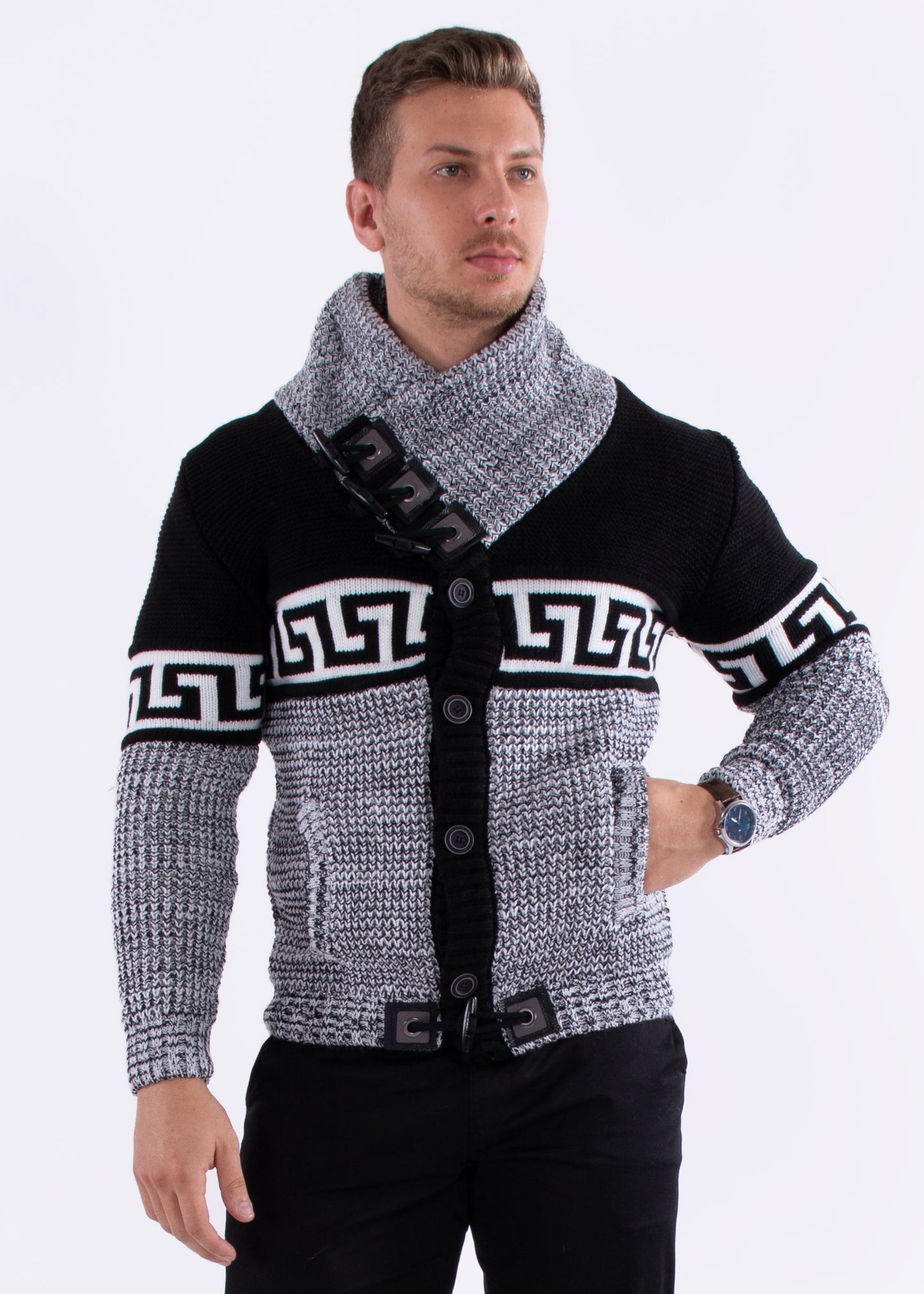 Bespoke greek key button up slim fit sweater - Black