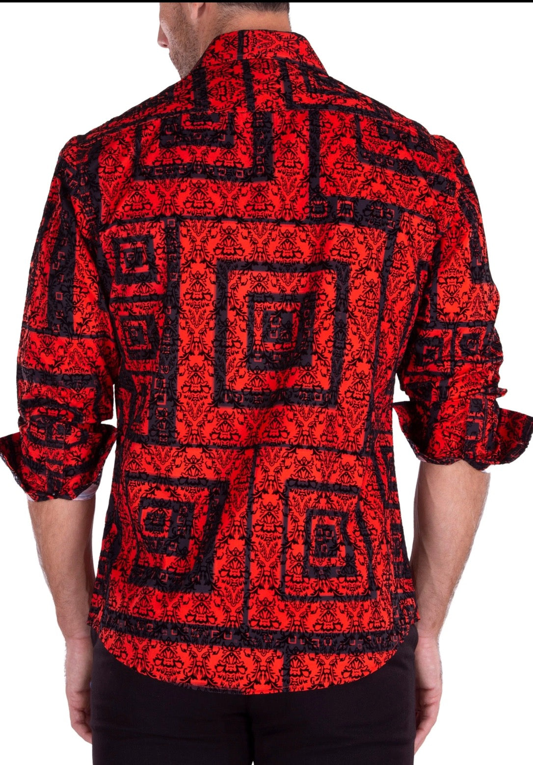 Bespoke Moda long sleeve button up dress shirt. Maze velvet texture red