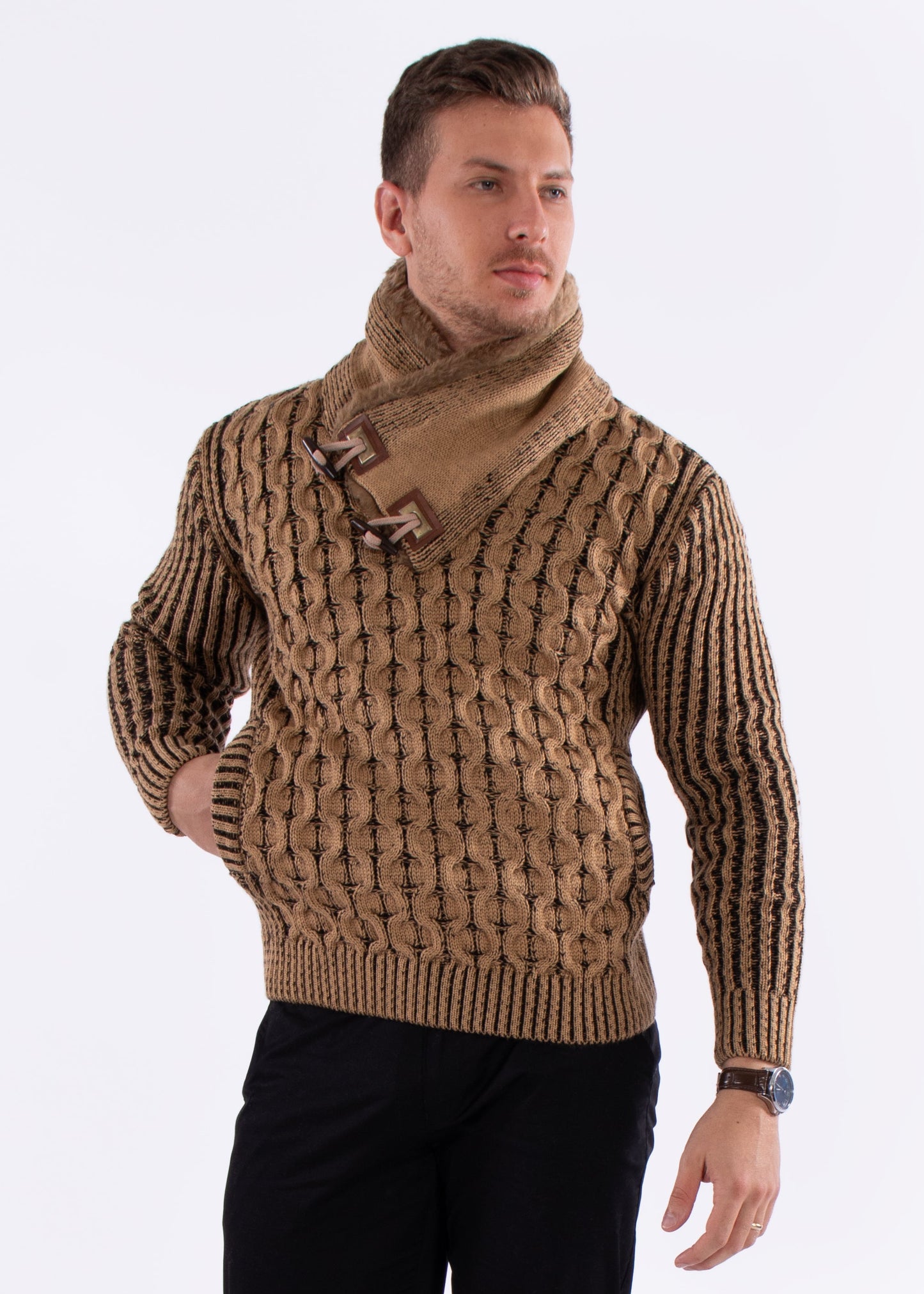 Bespoke faux fur lined collar herringbone slim fit sweater - Tan
