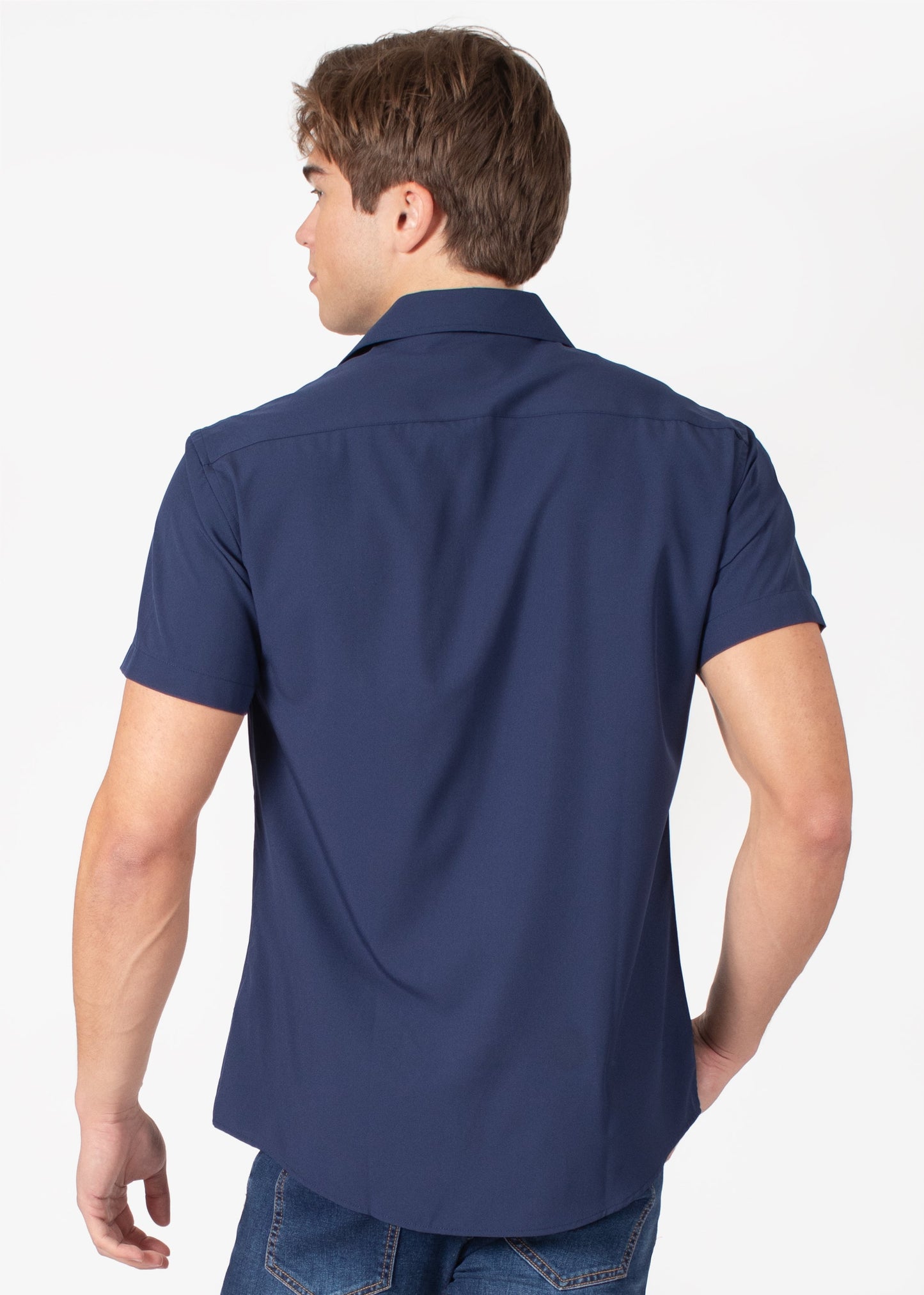 Bespoke short sleeve dress shirt. Textured collar Navy