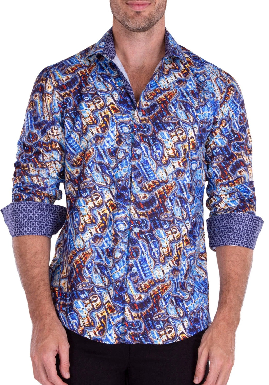 Bespoke Moda long sleeve button up dress shirt. Abstract Blue