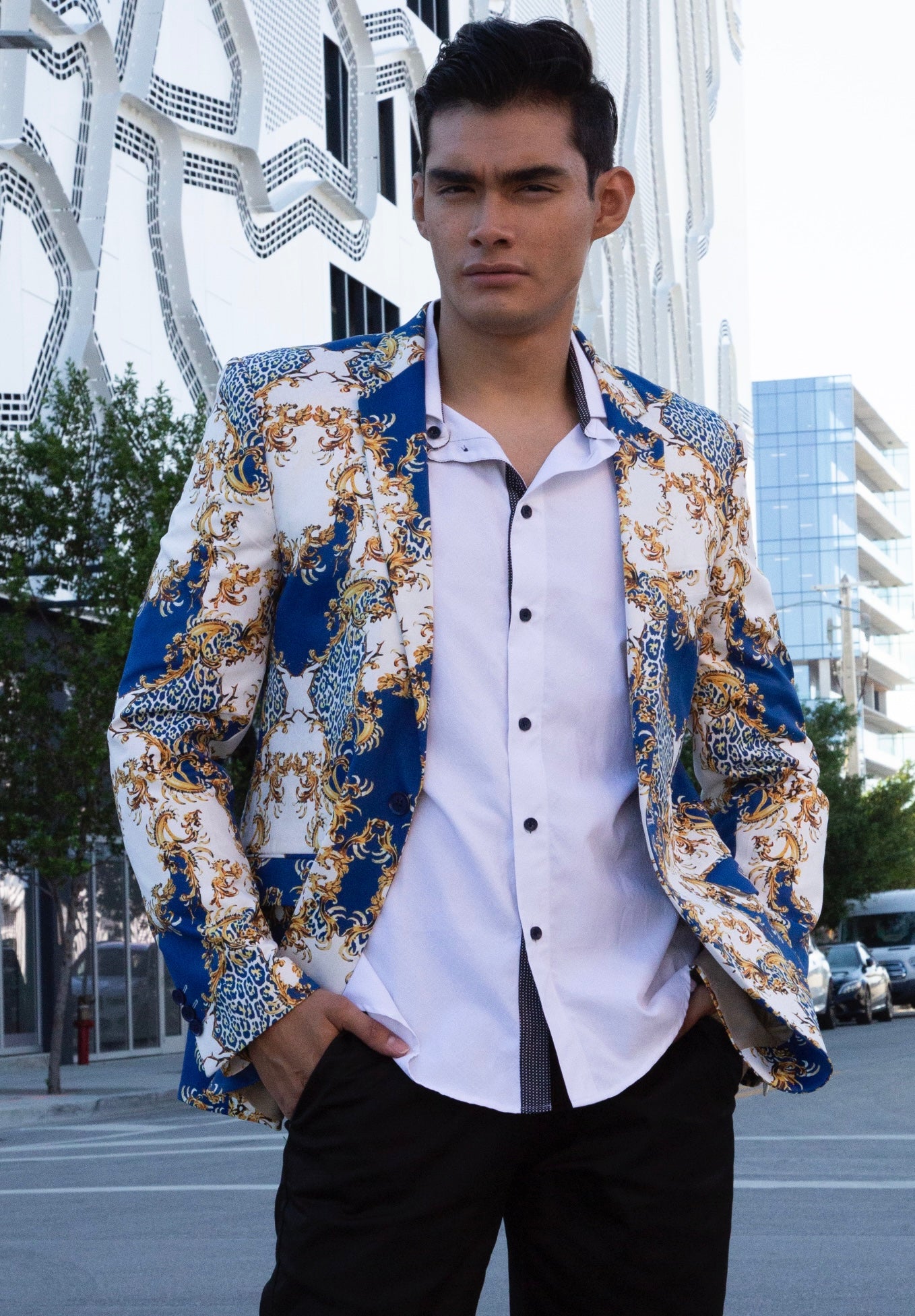 Bespoke Abstract Baroque Blue Cheetah Print Blazer