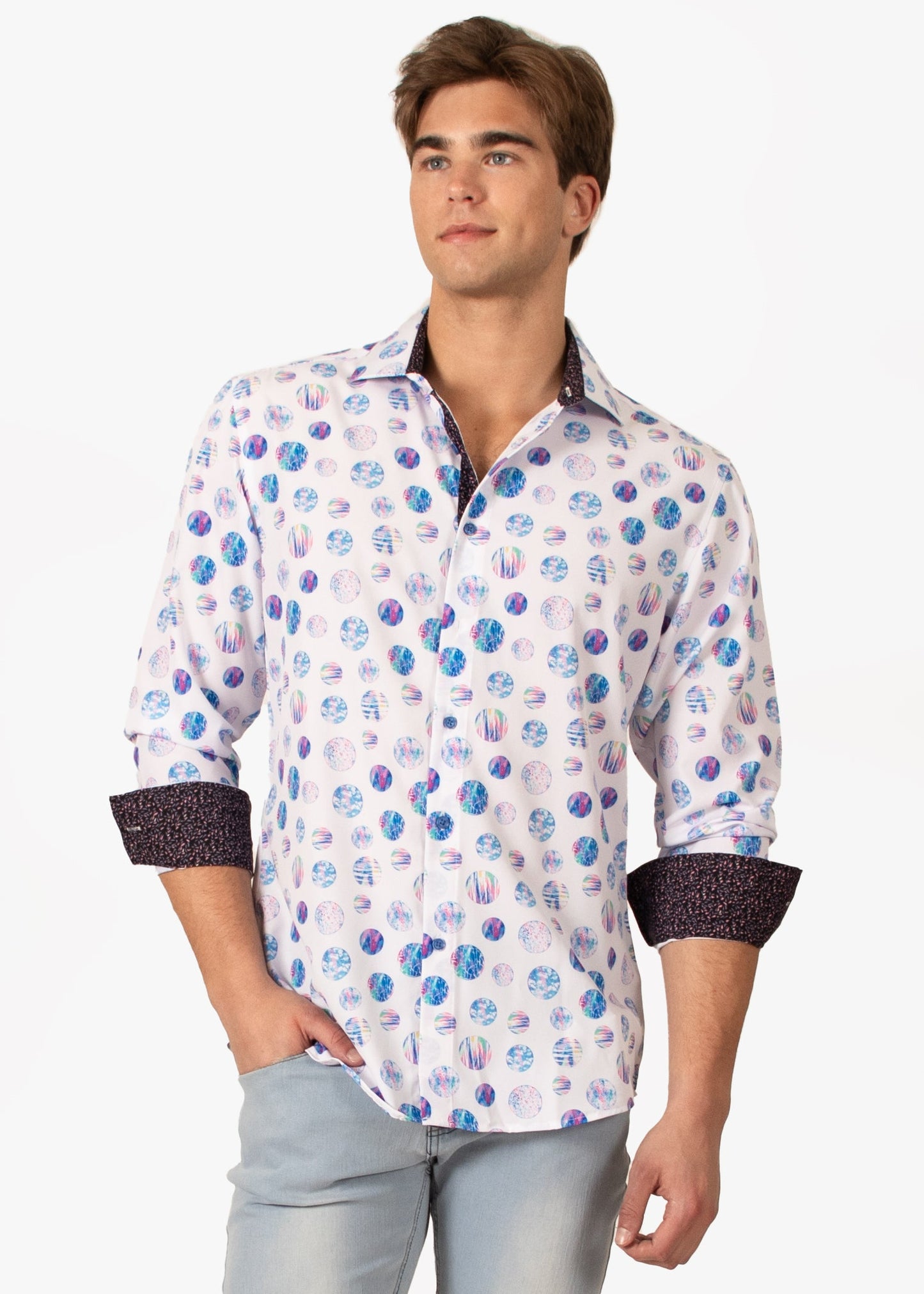 Bespoke Moda long sleeve button up dress shirt. Circles white