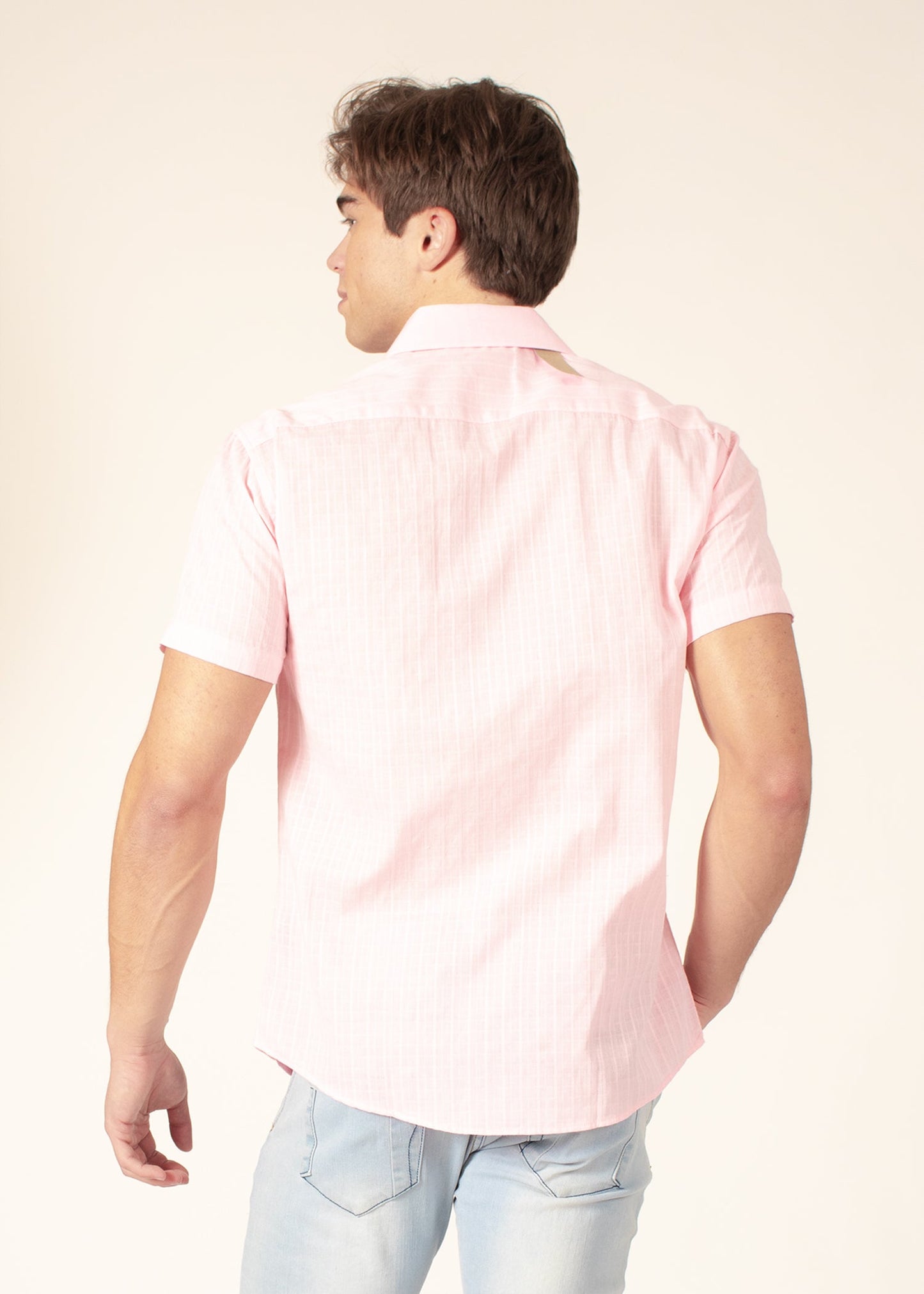 Bespoke short sleeve dress shirt. Soft stripes pink