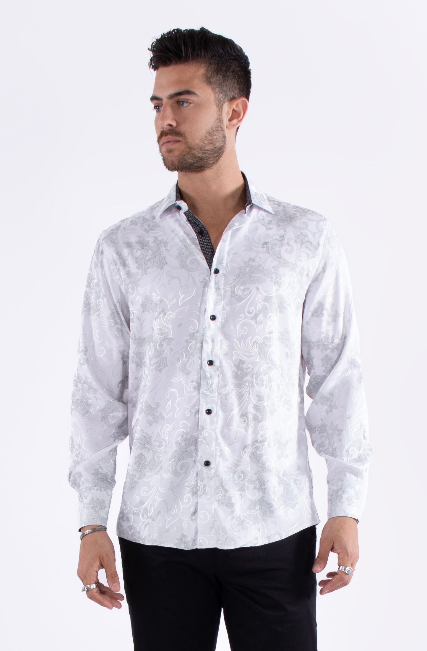 Bespoke Moda long sleeve button up dress shirt. White shiny paisley smudge