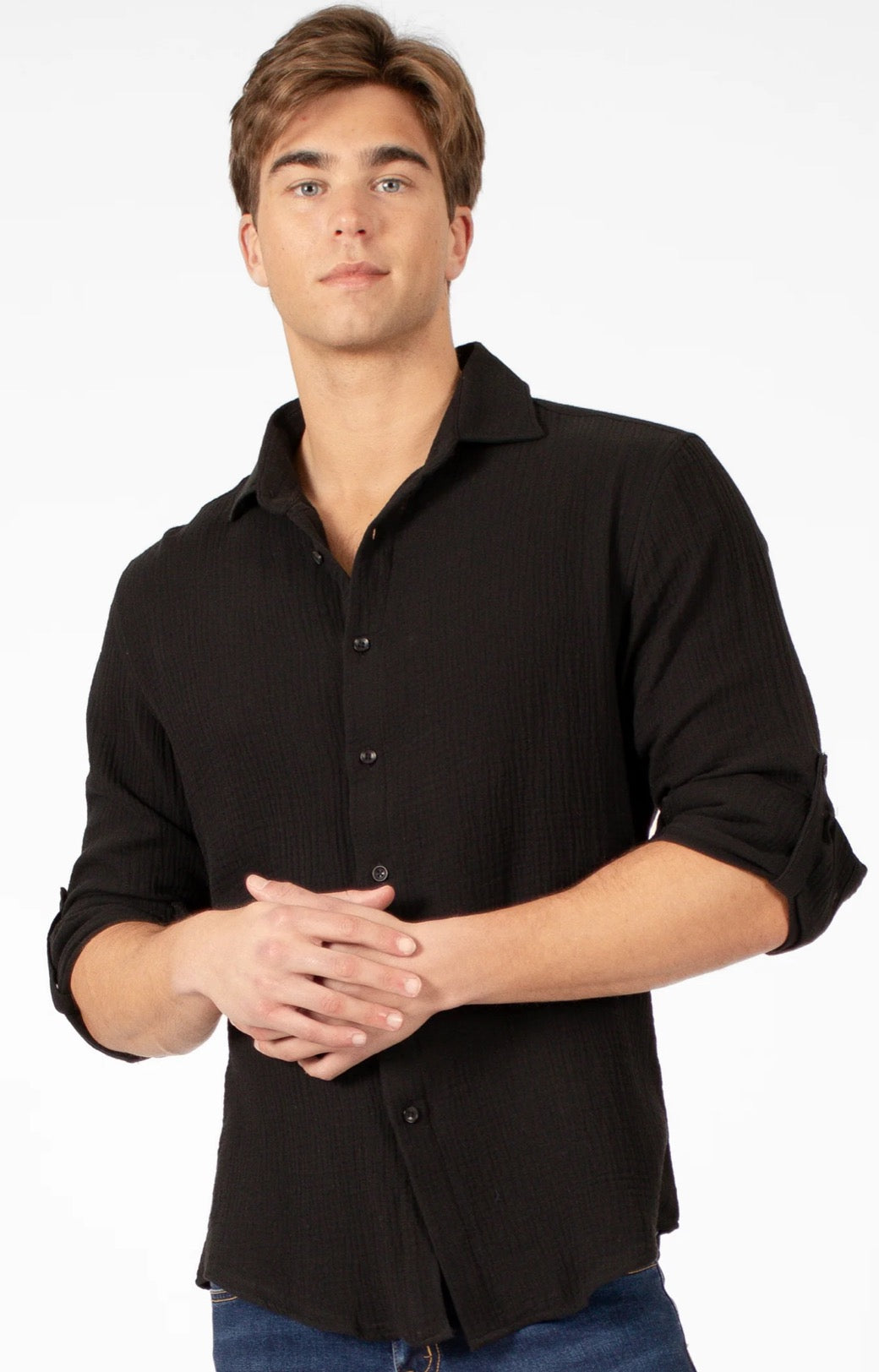 Bespoke textured cotton long sleeve button up dress shirt. Black