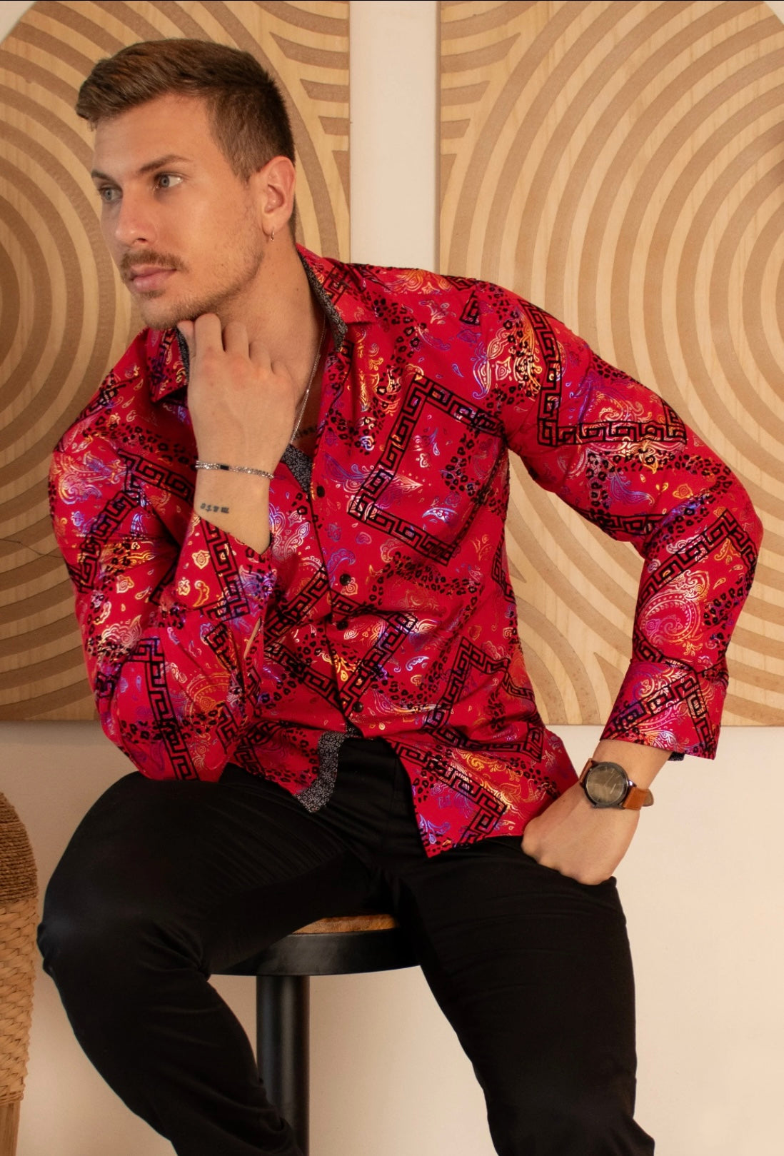 Bespoke Moda long sleeve button up dress dress shirt. Greek key red velvet accent