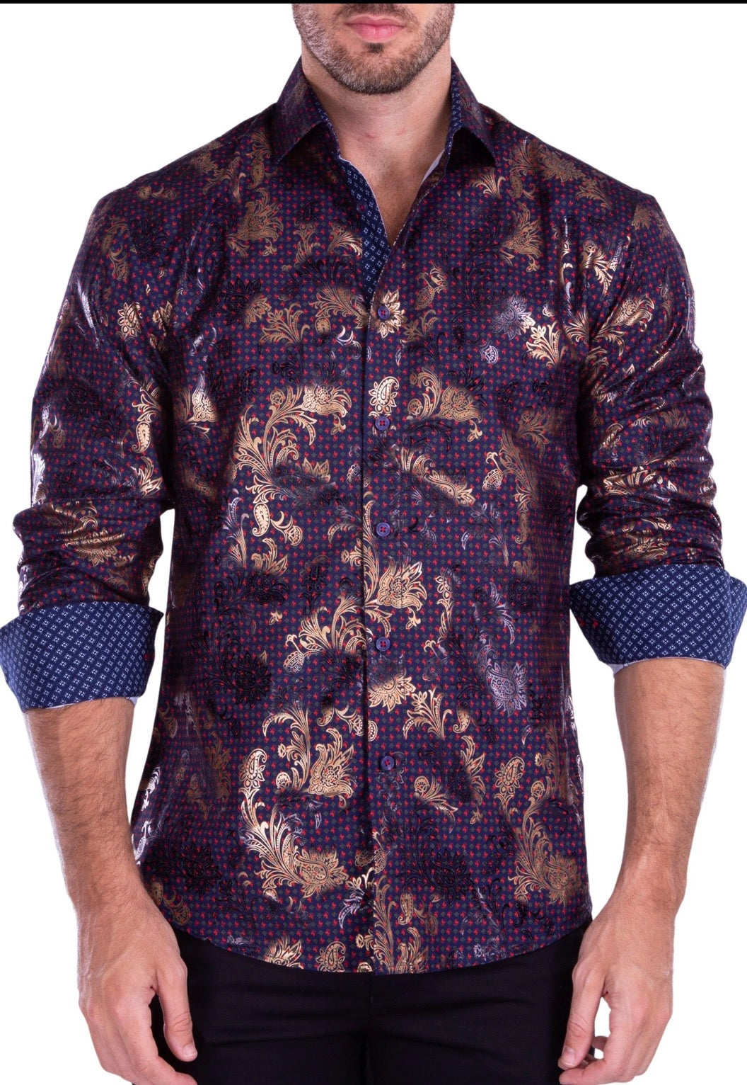 Bespoke Moda long sleeve button up dress shirt. Geo metalic floral