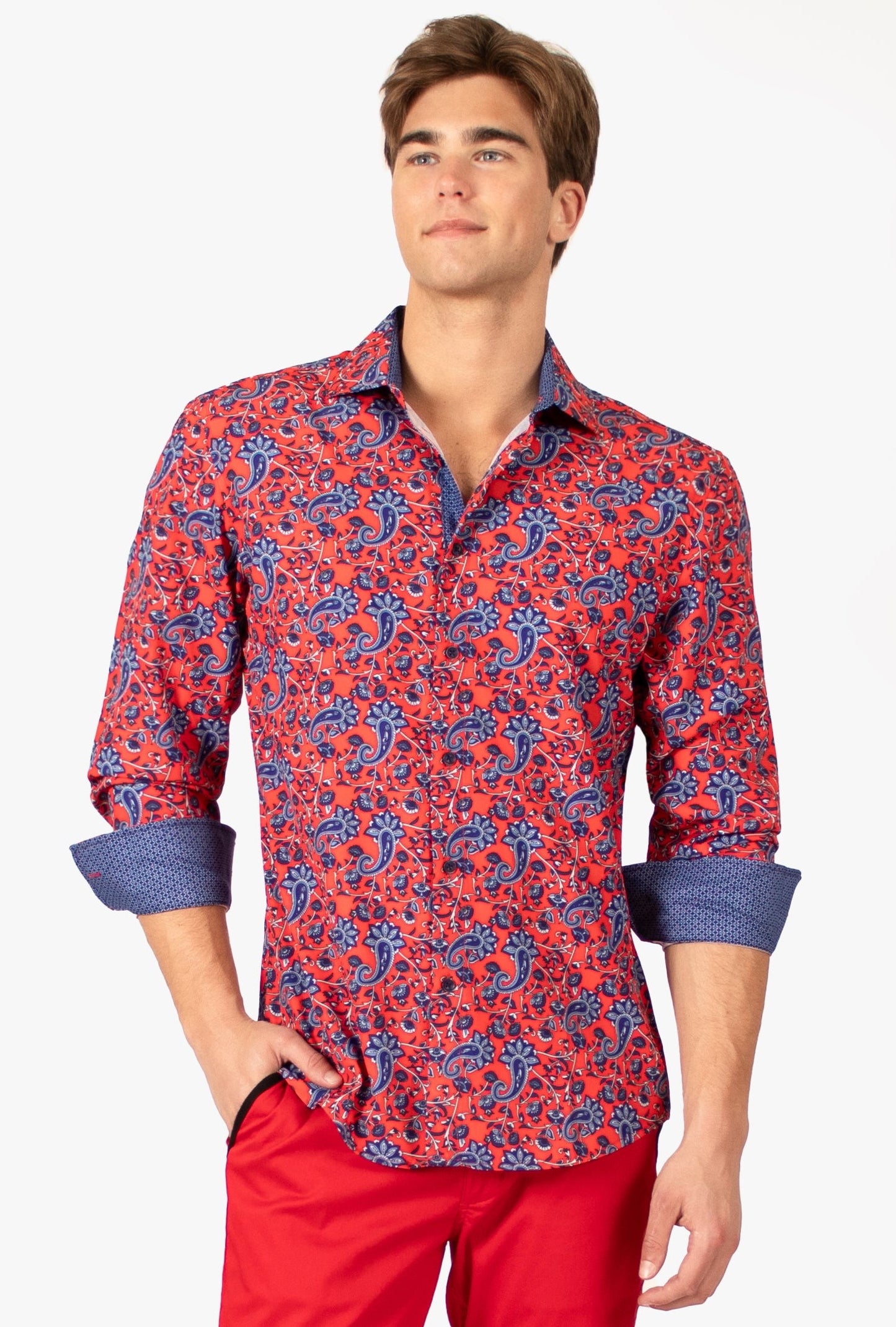Bespoke Moda long sleeve button up dress shirt. Paisley red