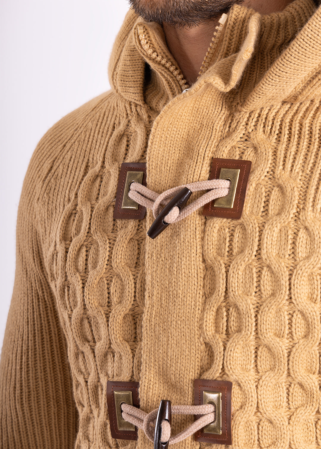 Bespoke Faux fur-lined hood full zipper European slim fit sweater - Tan