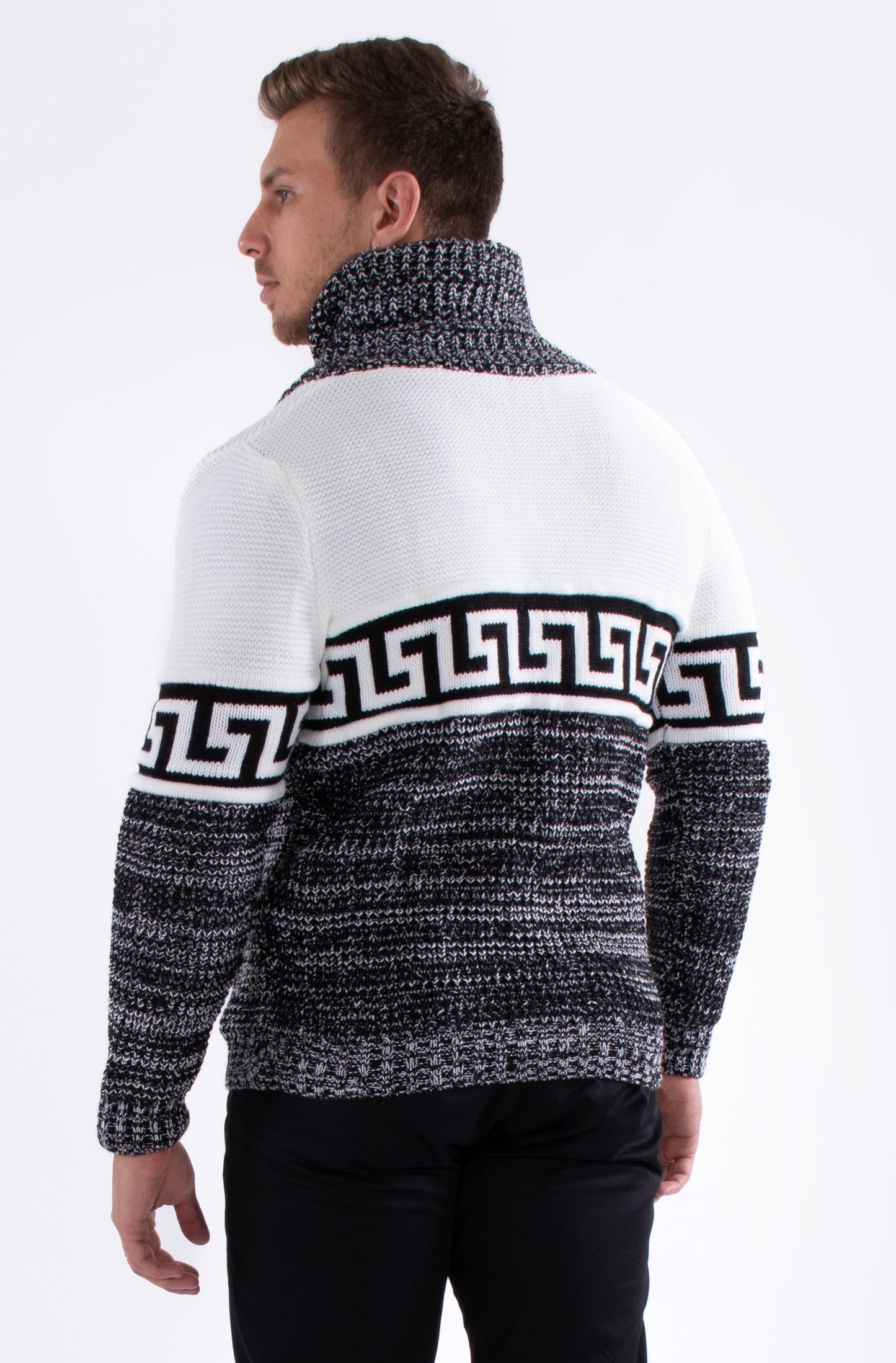Bespoke greek key button up slim fit sweater - White