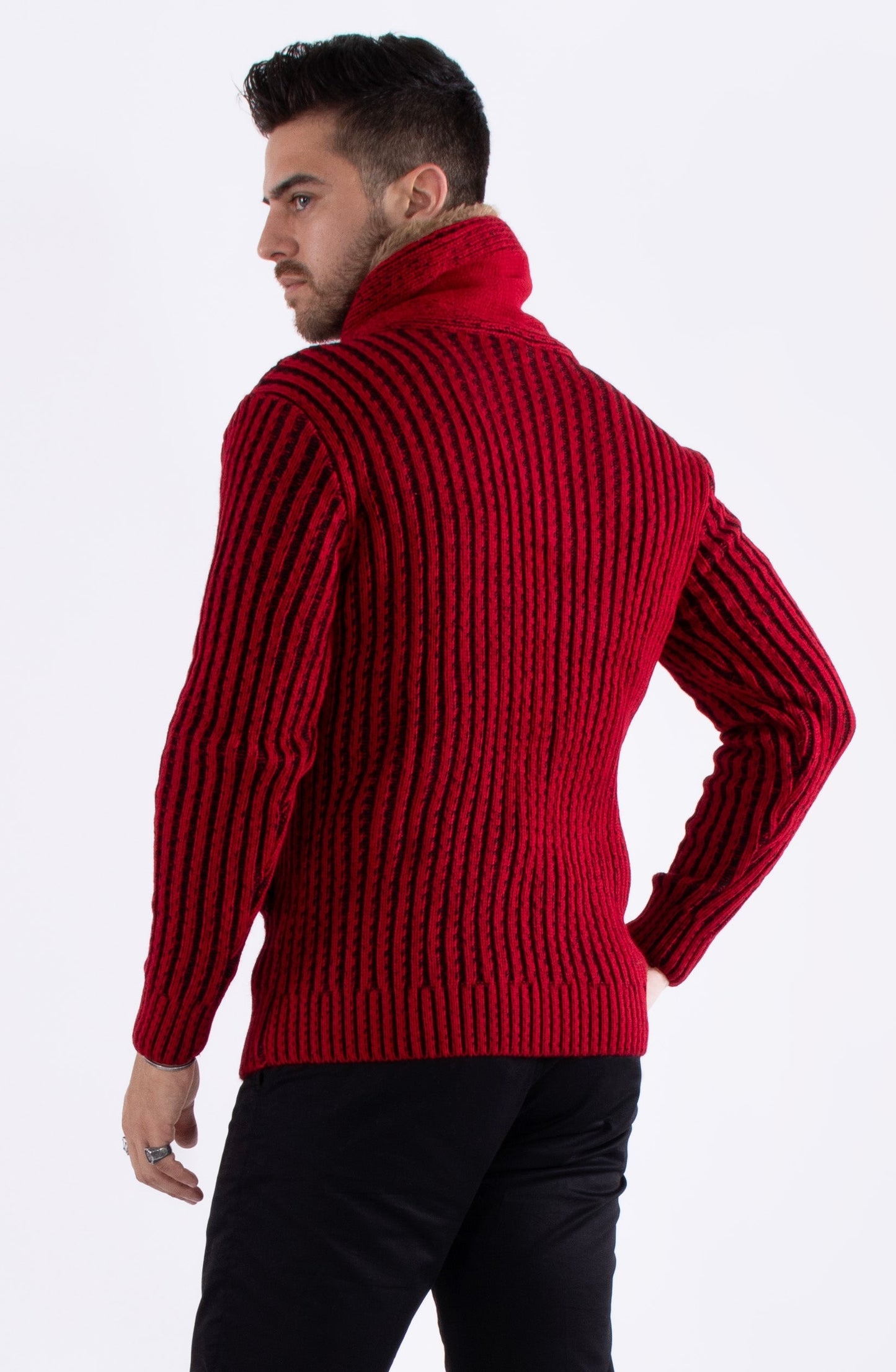 Bespoke faux fur lined collar herringbone slim fit sweater - Red