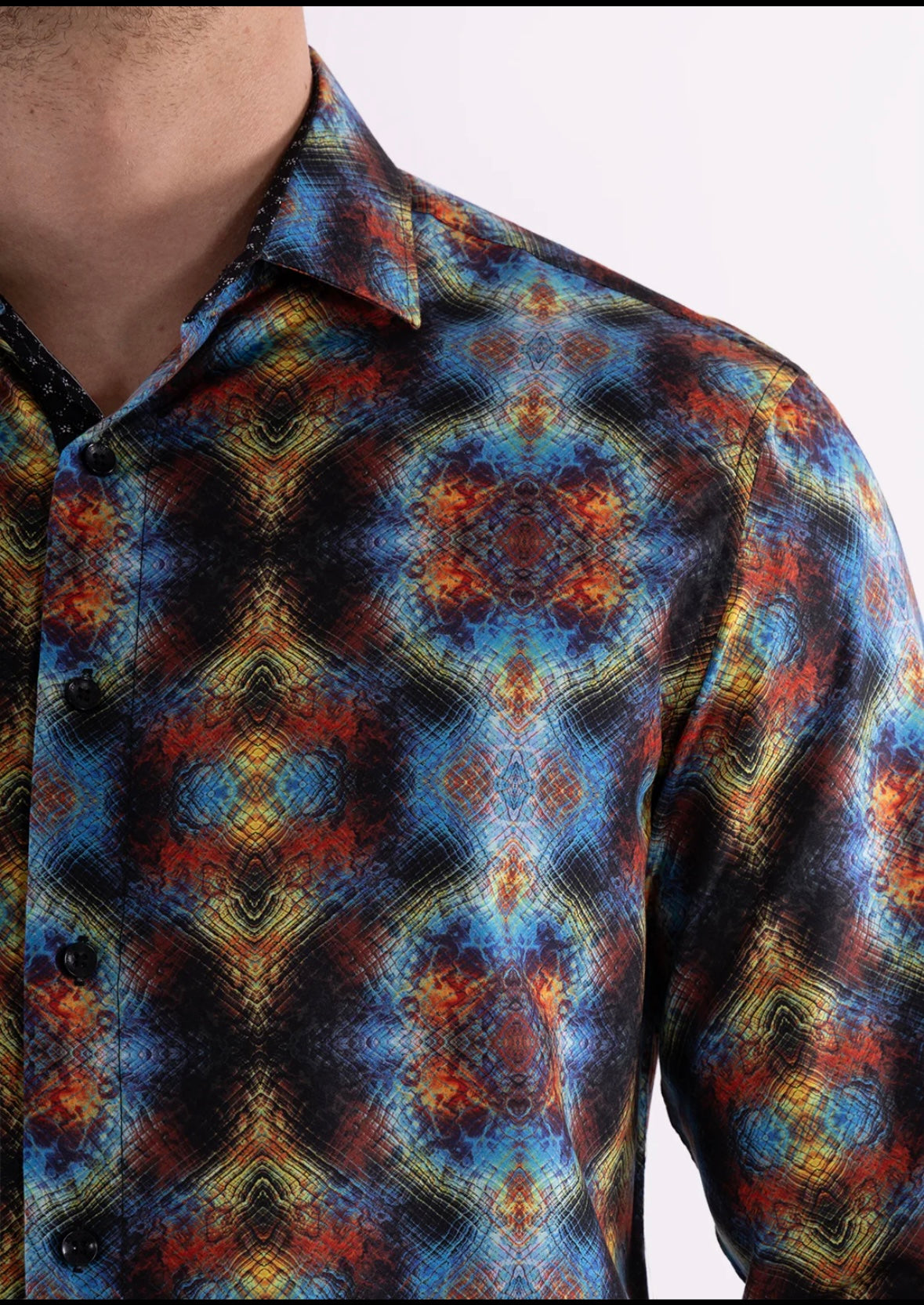 Bespoke Moda long sleeve button up dress shirt. Decades Kaleidoscope