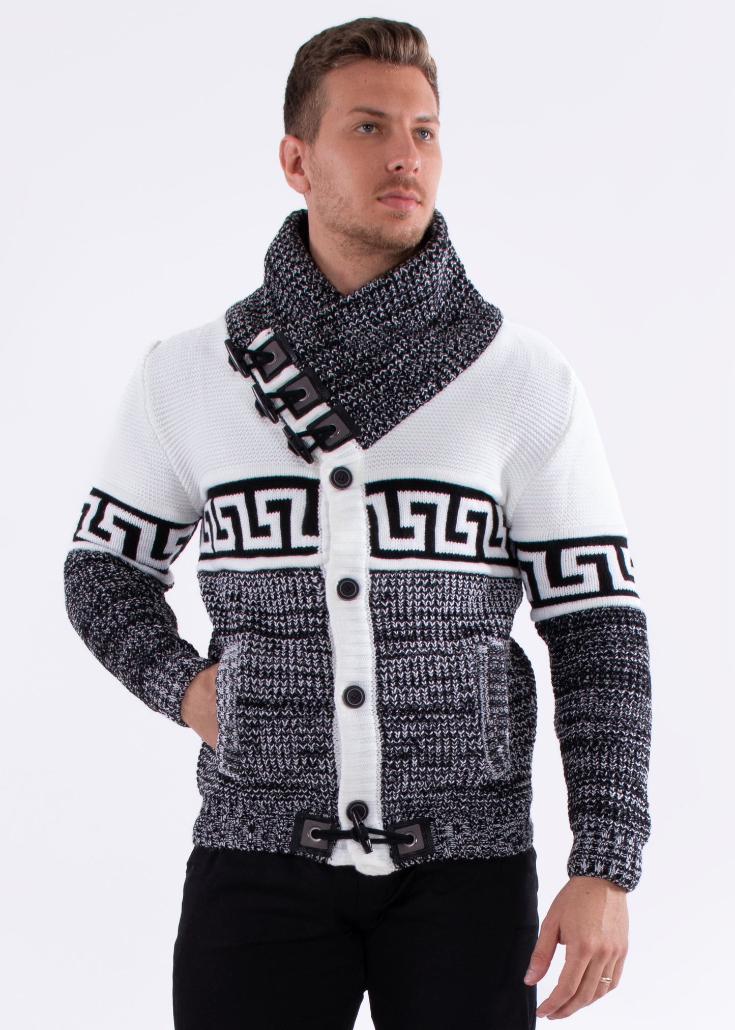 Bespoke greek key button up slim fit sweater - White