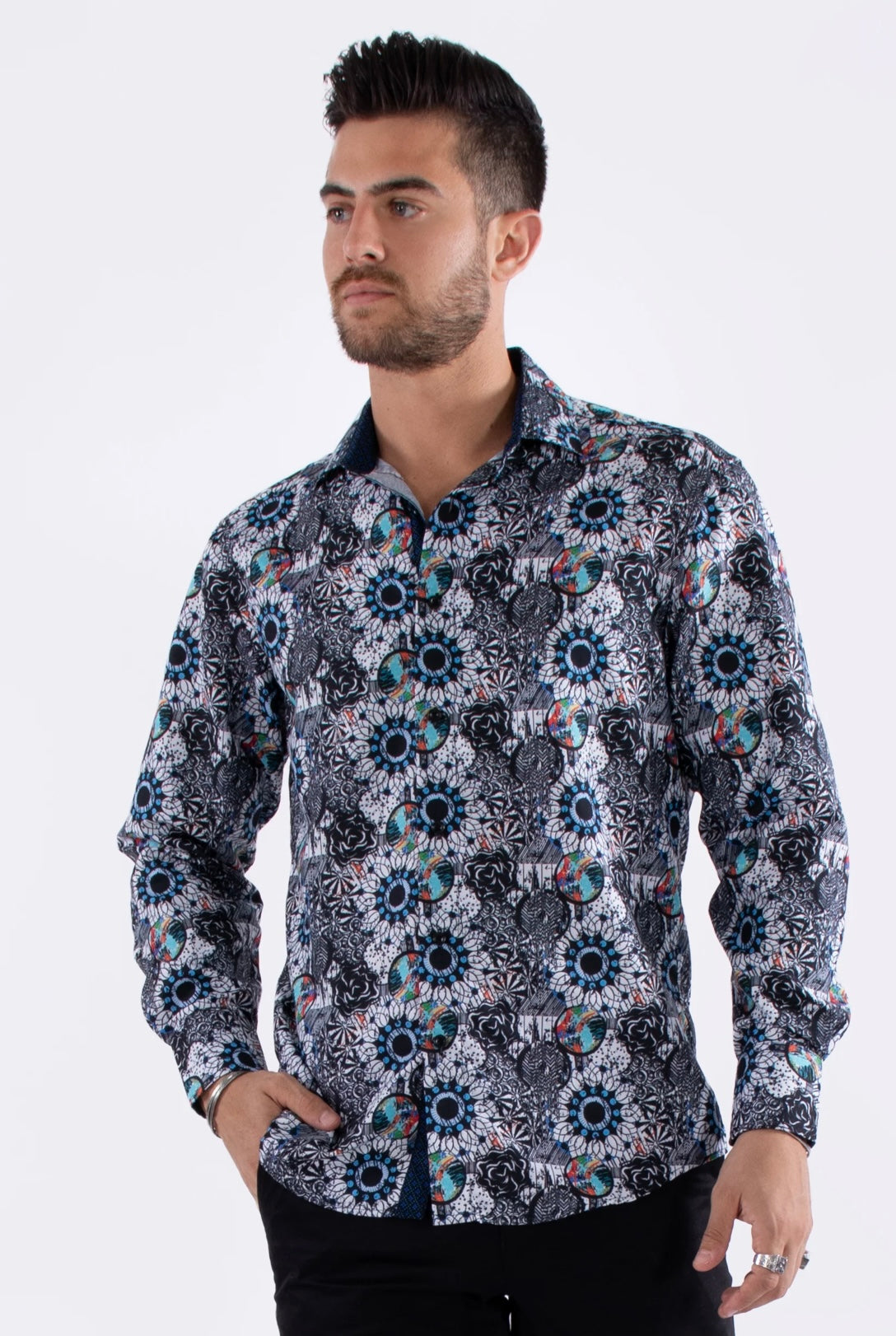 Bespoke Moda long sleeve button up dress shirt. Retro multi