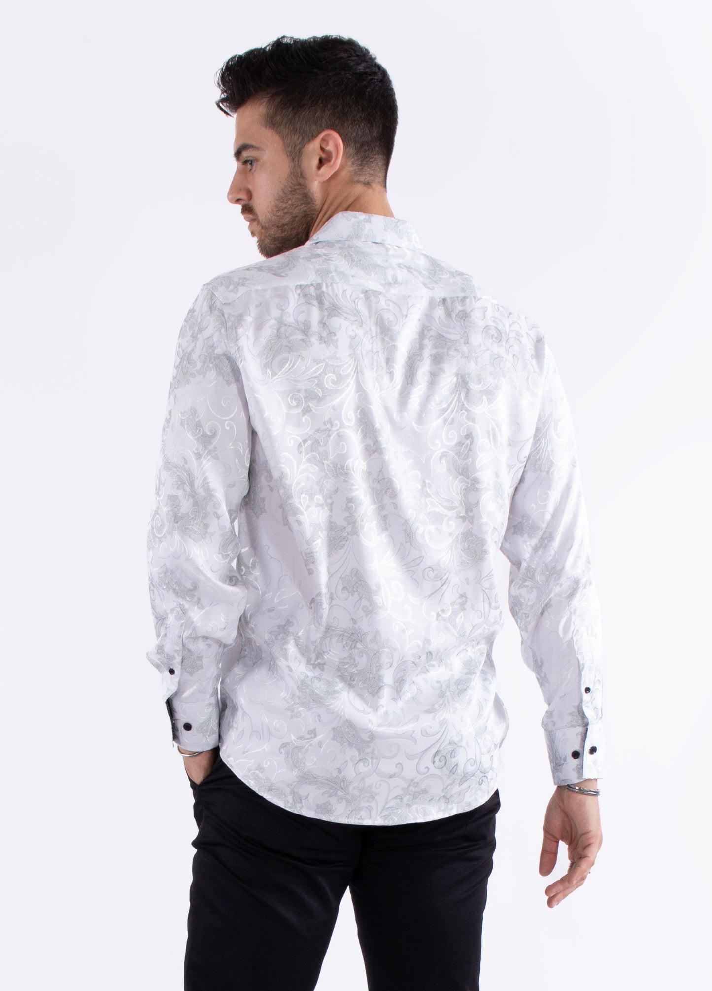 Bespoke Moda long sleeve button up dress shirt. White shiny paisley smudge
