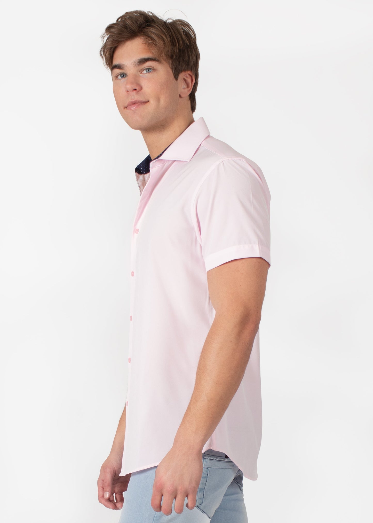Bespoke short sleeve dress shirt. Textured collar Pink