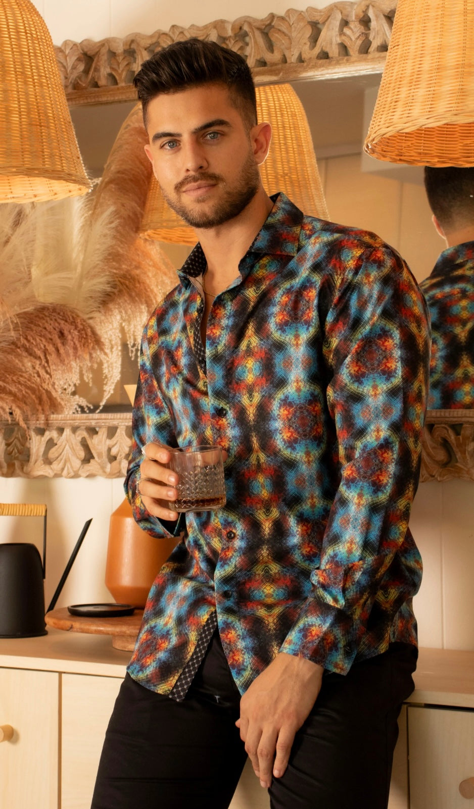 Bespoke Moda long sleeve button up dress shirt. Decades Kaleidoscope