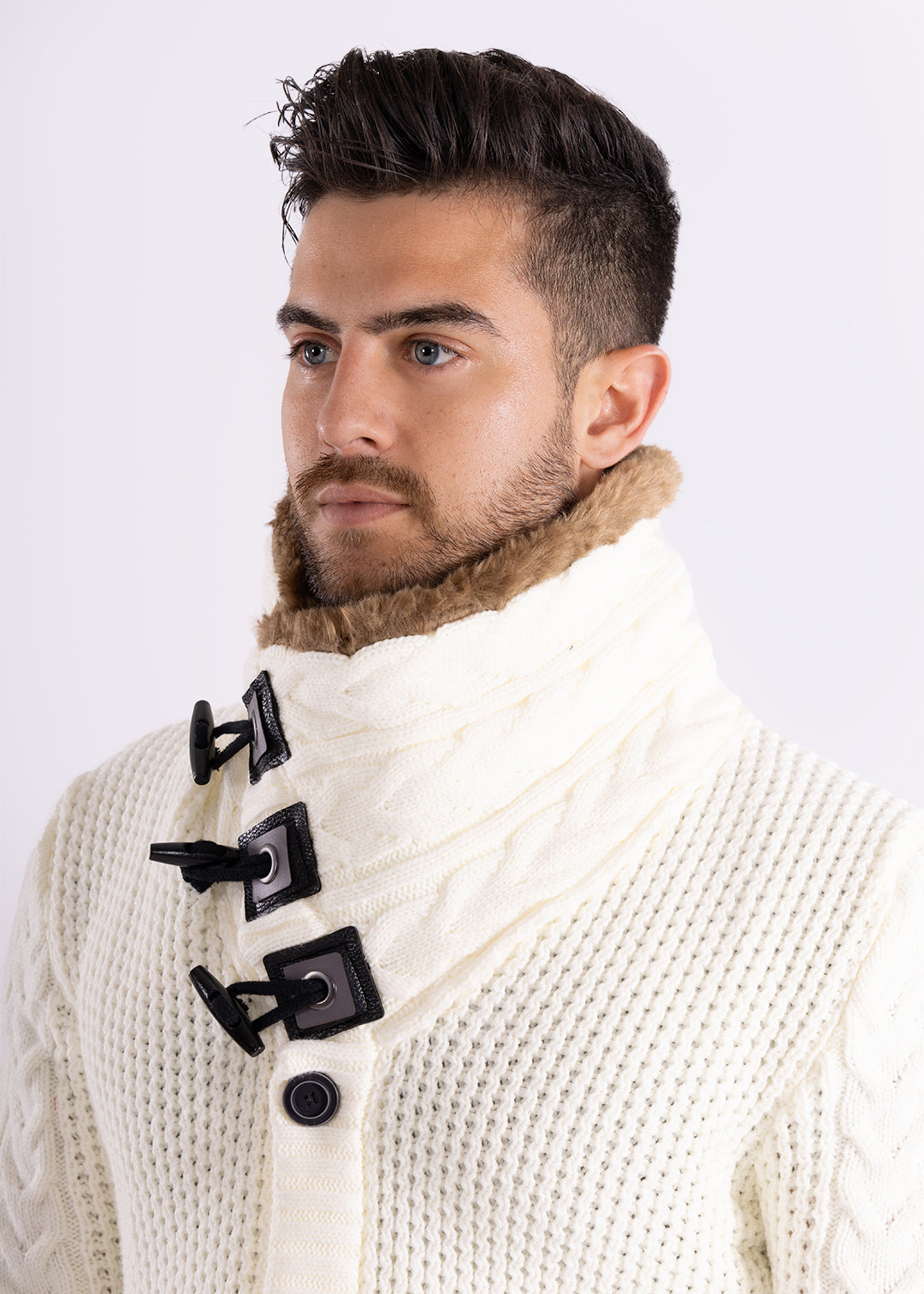 Bespoke Faux fur-lined collar button up slim fit sweater