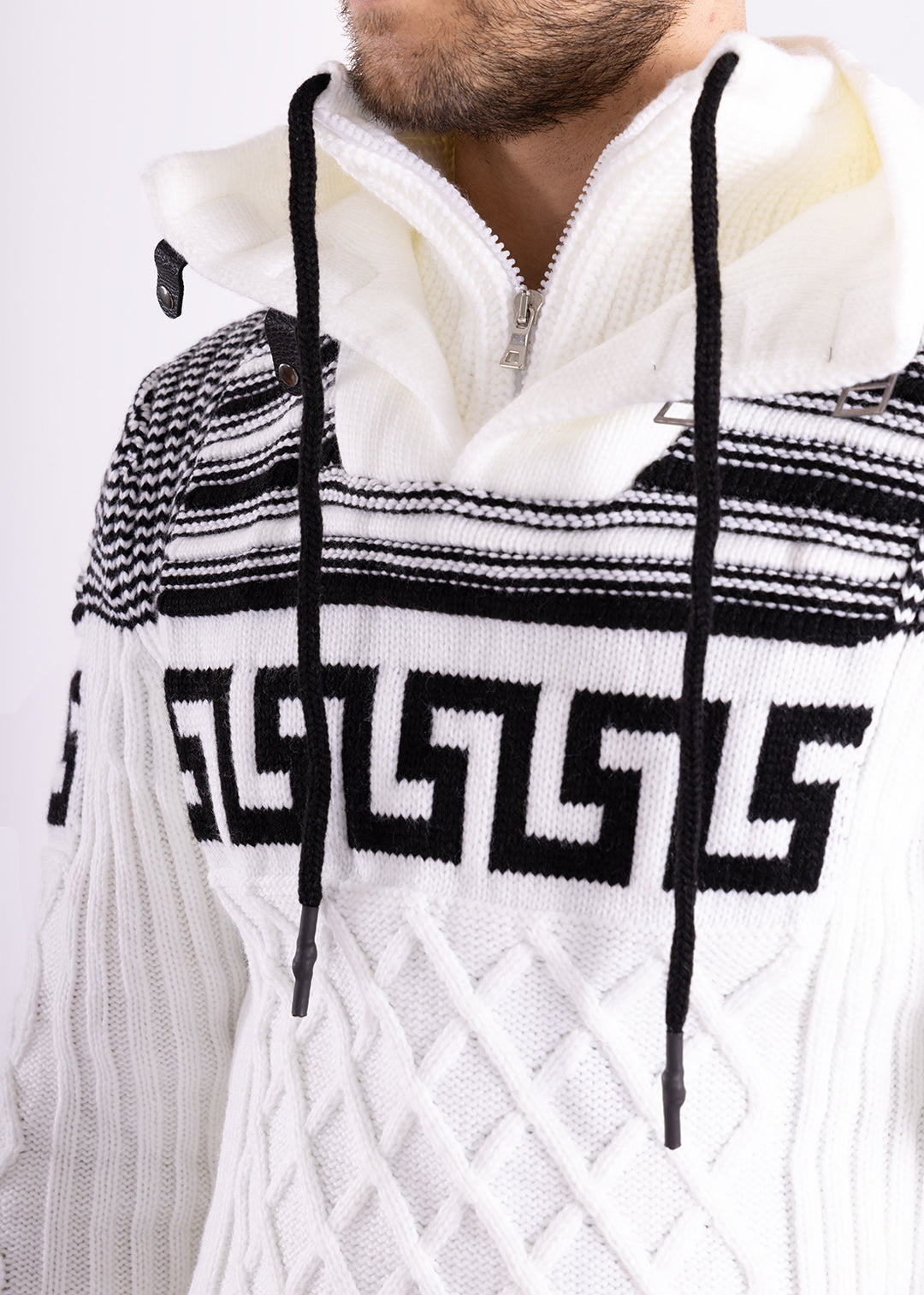Bespoke zip collar cable knit greek key pullover slim fit sweater
