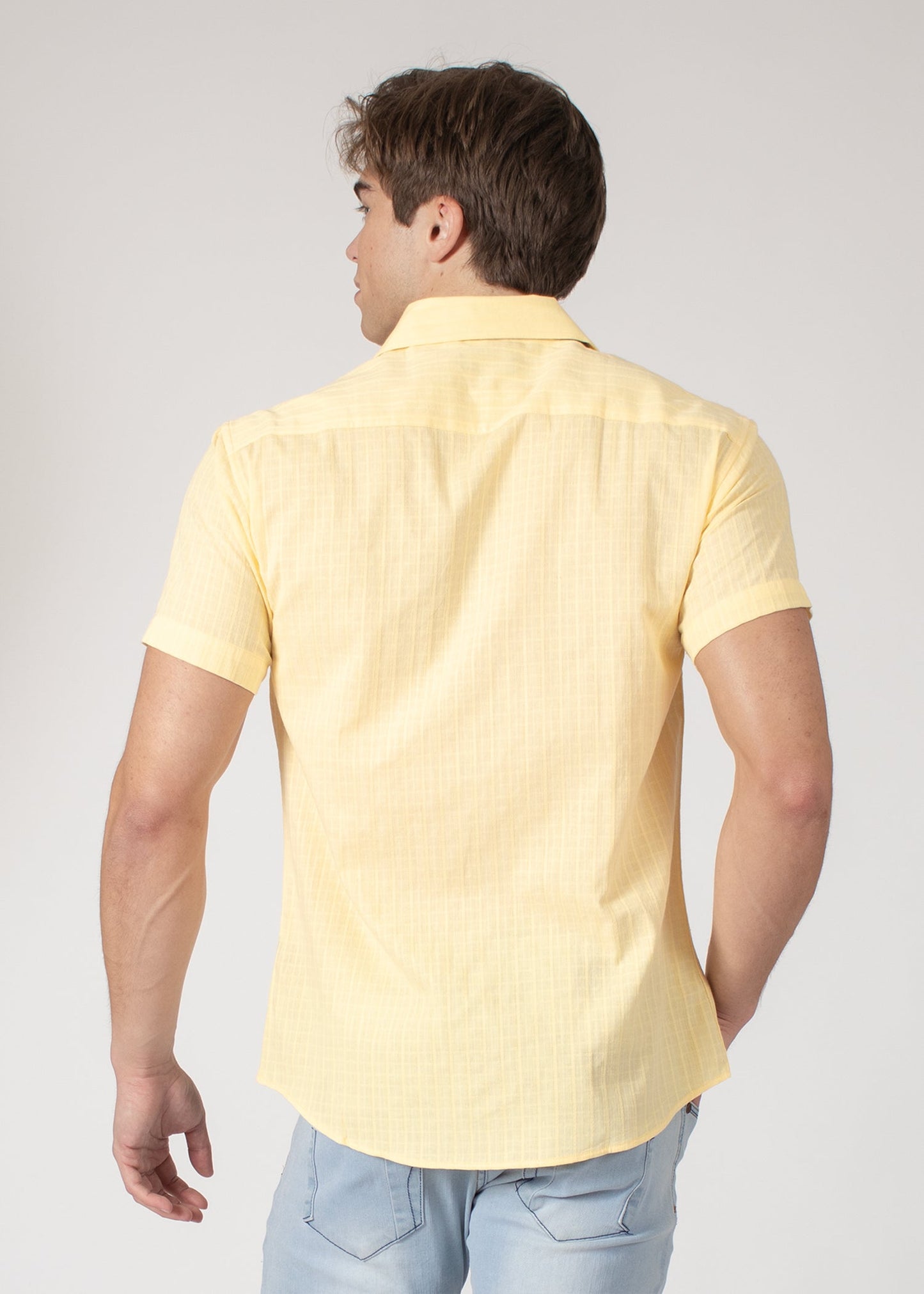 Bespoke short sleeve dress shirt. Soft stripes yellow