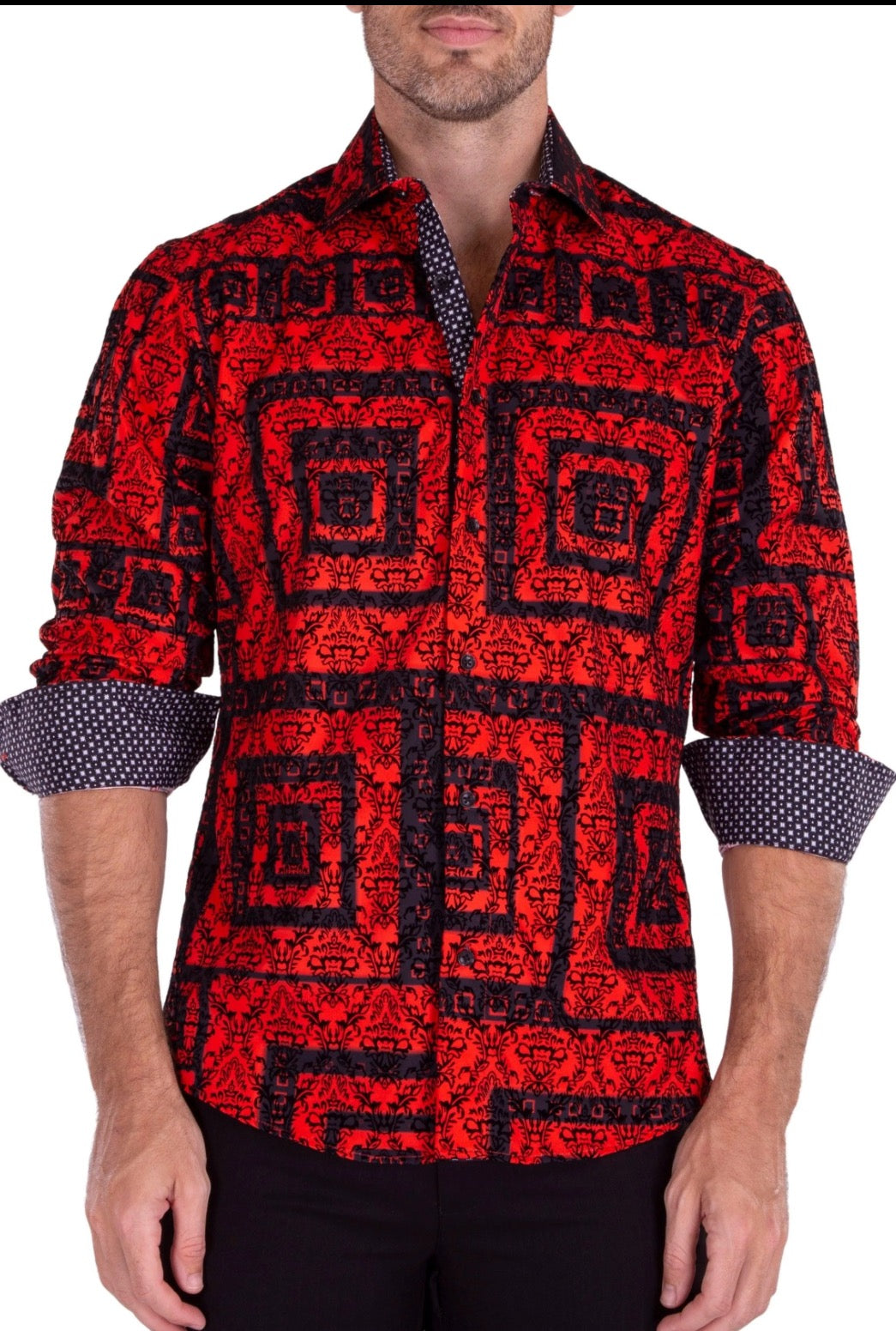 Bespoke Moda long sleeve button up dress shirt. Maze velvet texture red