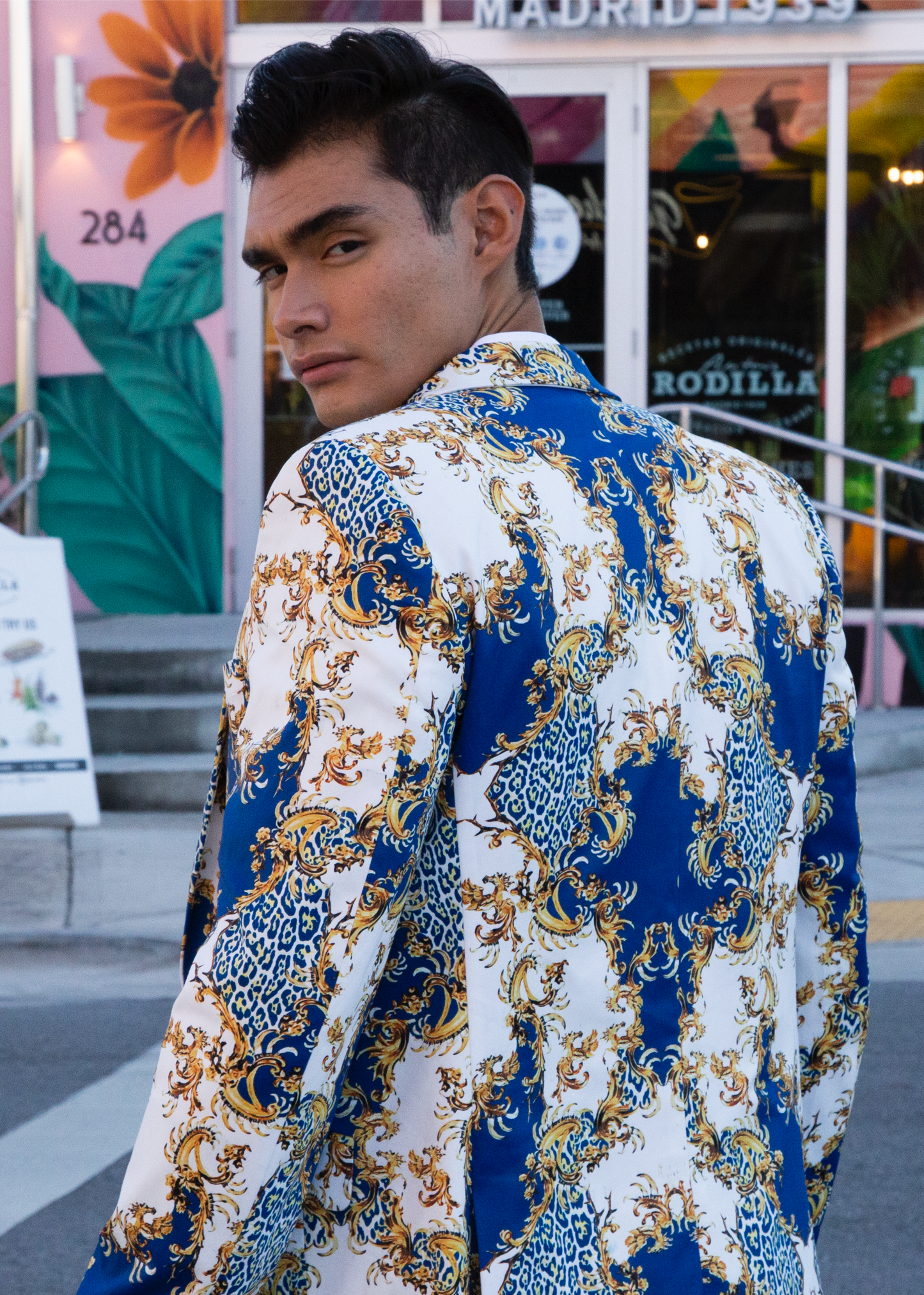 Bespoke Abstract Baroque Blue Cheetah Print Blazer